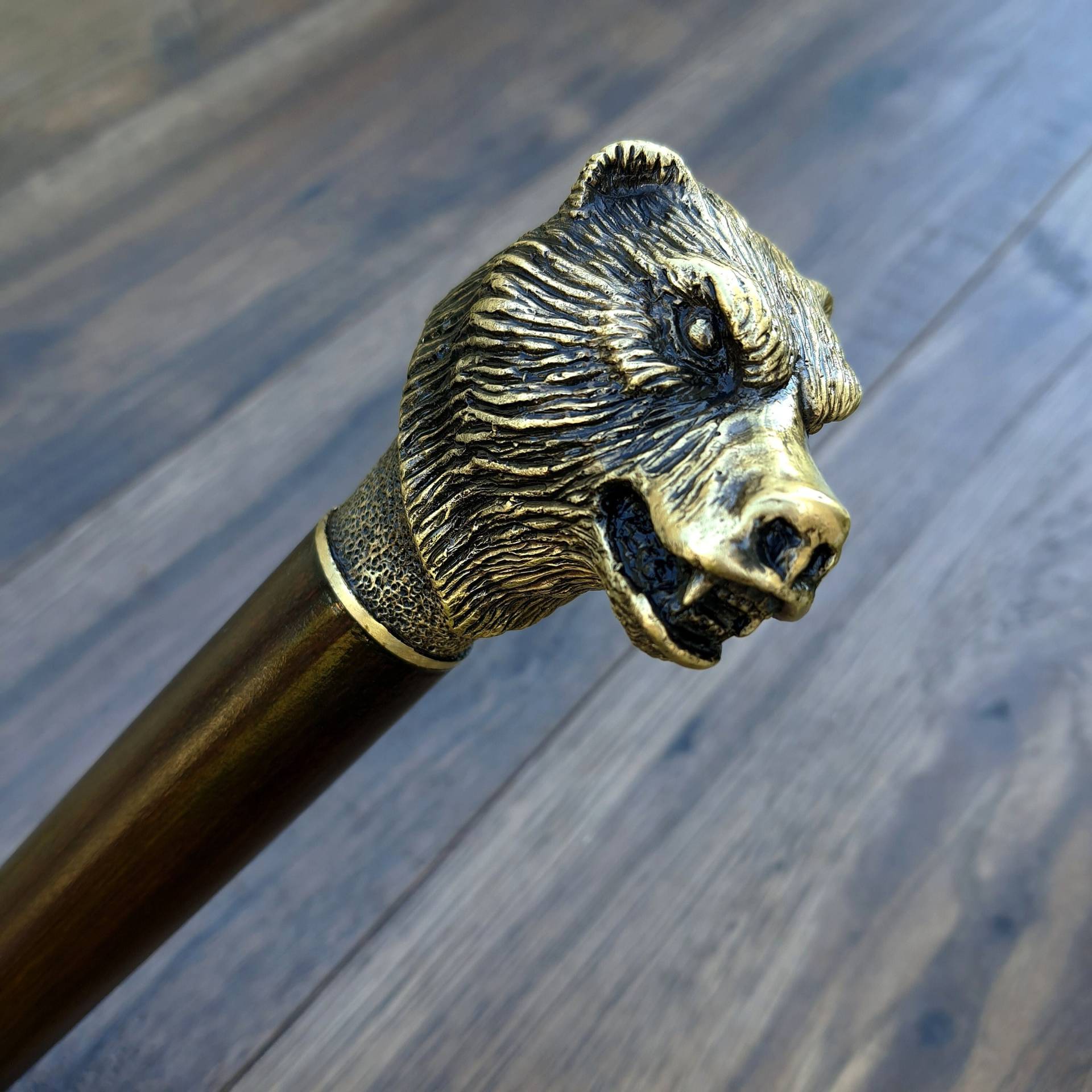 Spazierstock Bronze Grizzlybärkopf Holzschaft von Etsy - ExclusiveCane