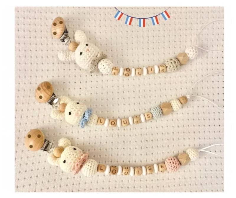 Personalisierter Schnullerclip Für Mädchen Oder Jungen/Gehäkelter Aus Holz Mit Hasenmotiv/Personalisiertes Geburtsgeschenk Jungen von Etsy - Unfil2bois