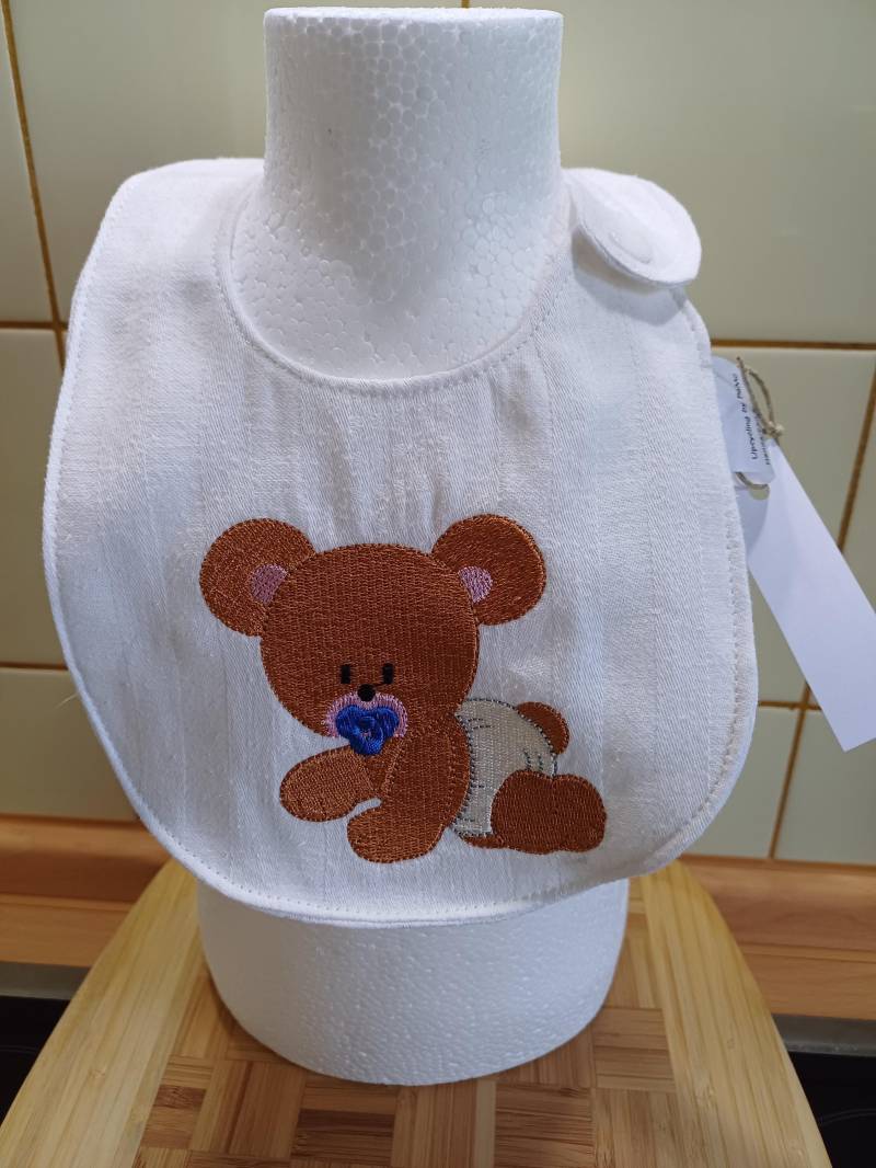 Babylätzchen Bestickt "Teddy-Boy" - Weiß/Braun Upcycling Unikat Handarbeit #354 von Etsy - UpcyclingbyPaMue
