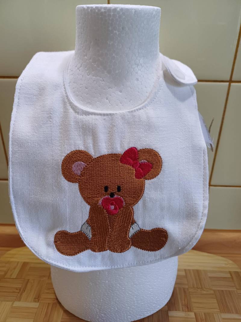 Babylätzchen Bestickt "Teddy-Girl" - Weiß/Braun Upcycling Unikat Handarbeit #340 von Etsy - UpcyclingbyPaMue