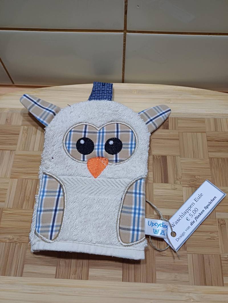 Kinder-Waschlappen Eule Beige - Upcycling Unikat Handarbeit #201 von Etsy - UpcyclingbyPaMue