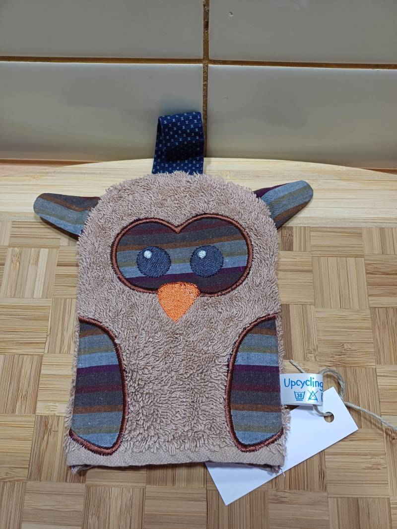 Kinder-Waschlappen Eule Braun - Upcycling Unikat Handarbeit #350 von Etsy - UpcyclingbyPaMue