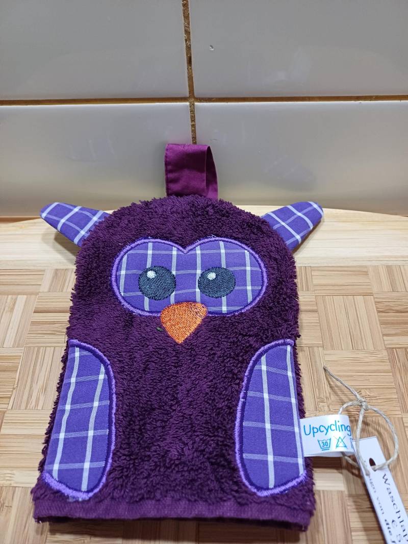 Kinder-Waschlappen Eule Lila - Upcycling Unikat Handarbeit #359 von Etsy - UpcyclingbyPaMue
