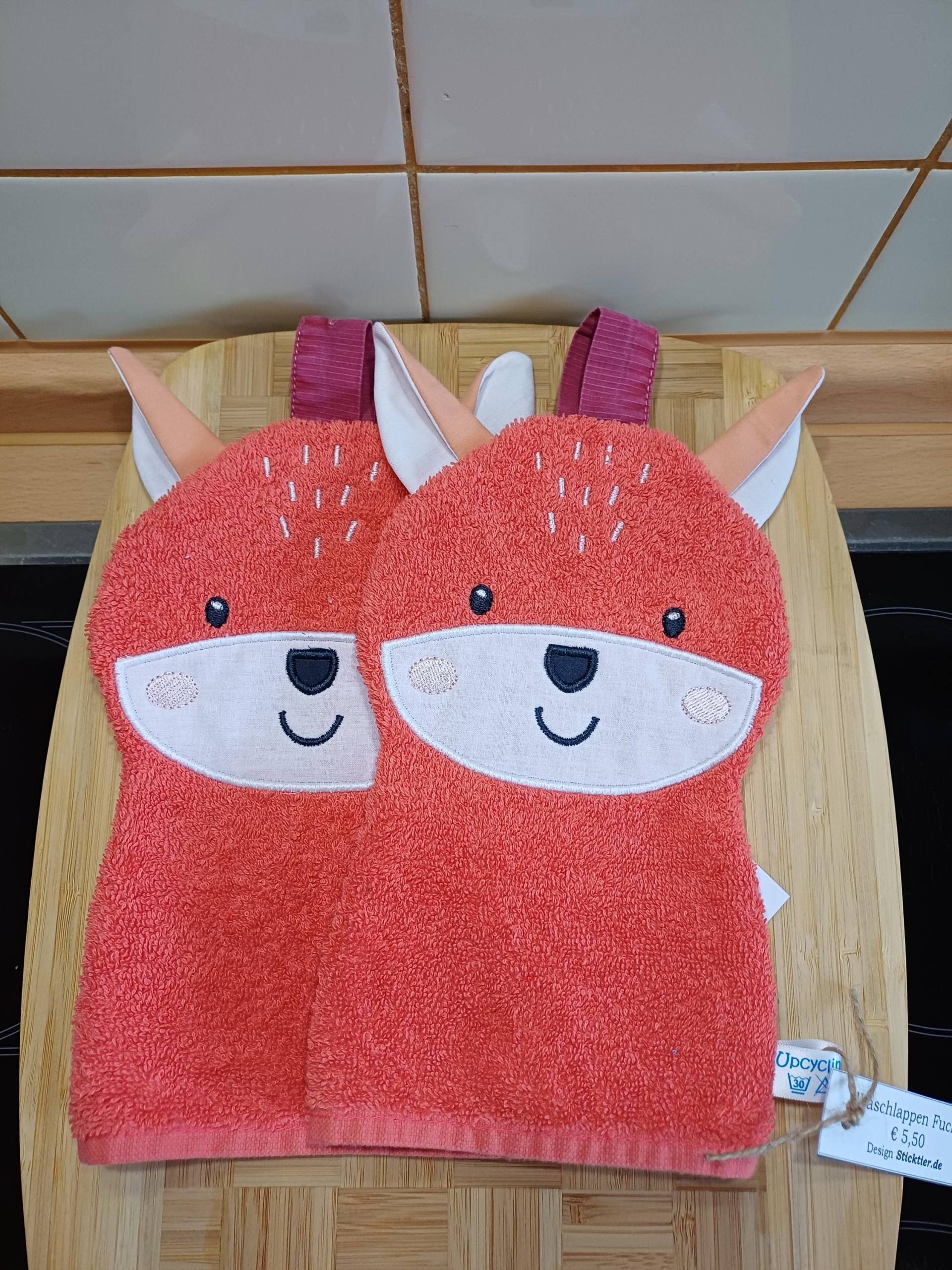 Tier-Waschlappen Fuchs Orange - Upcycling Unikat Handarbeit #649 von Etsy - UpcyclingbyPaMue