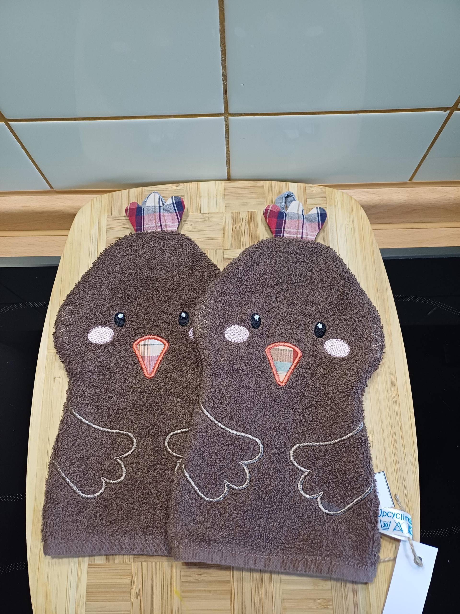 Tier-Waschlappen Hahn Braun - Upcycling Unikat Handarbeit #831 von Etsy - UpcyclingbyPaMue