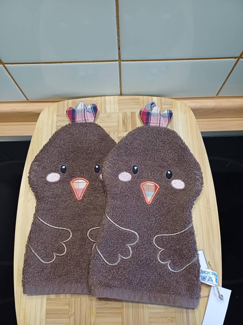 Tier-Waschlappen Hahn Braun - Upcycling Unikat Handarbeit #831 von Etsy - UpcyclingbyPaMue