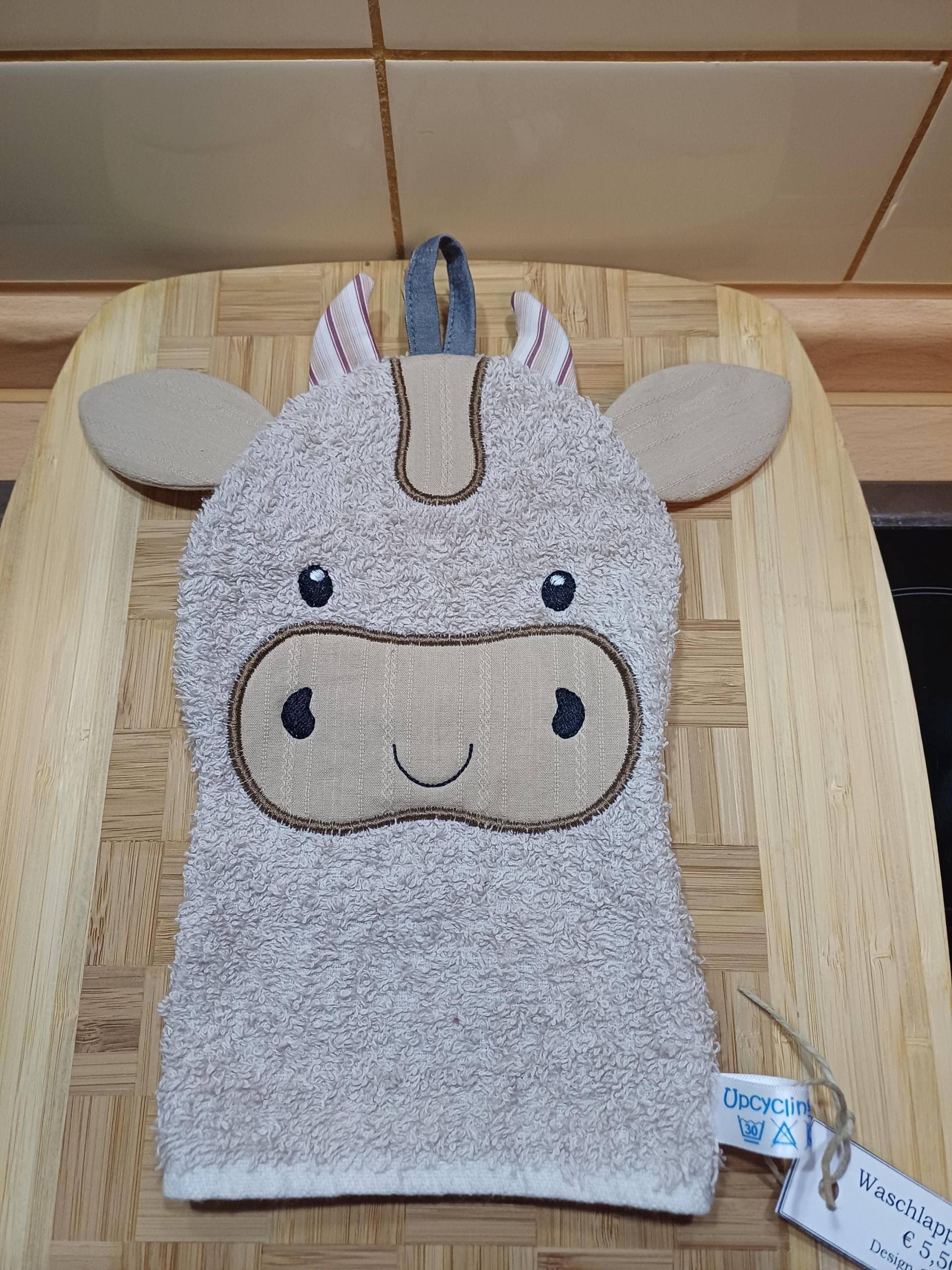 Tier-Waschlappen Kuh Beige - Upcycling Unikat Handarbeit #532 von Etsy - UpcyclingbyPaMue