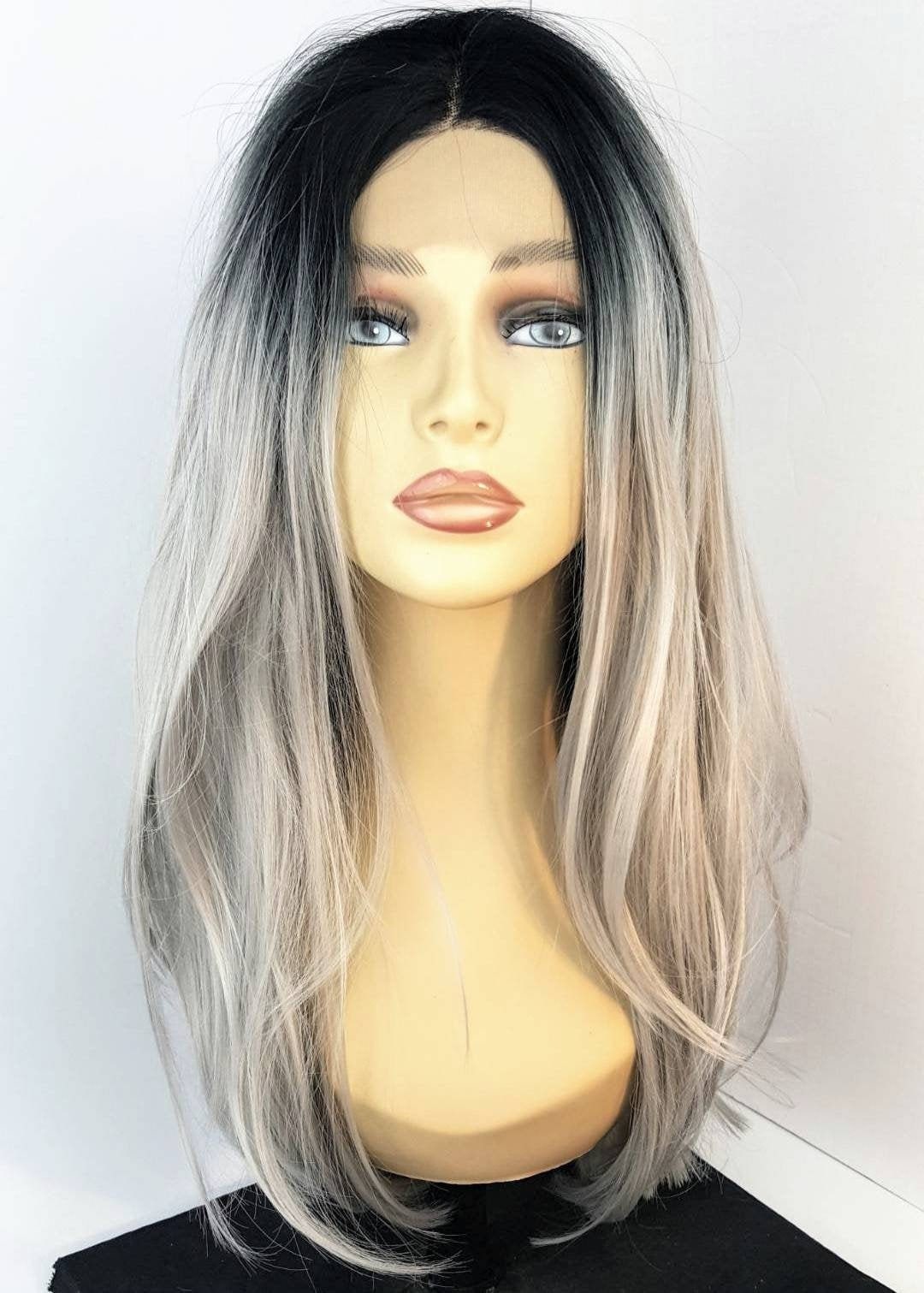 Graue Lace Front Perücke, Zweifarbige Mittlere Länge Dunkle Wurzeln Lange Strukturierte Schichten, Perücken von Etsy - WigCraving