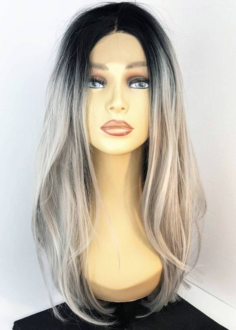 Graue Lace Front Perücke, Zweifarbige Mittlere Länge Dunkle Wurzeln Lange Strukturierte Schichten, Perücken von Etsy - WigCraving