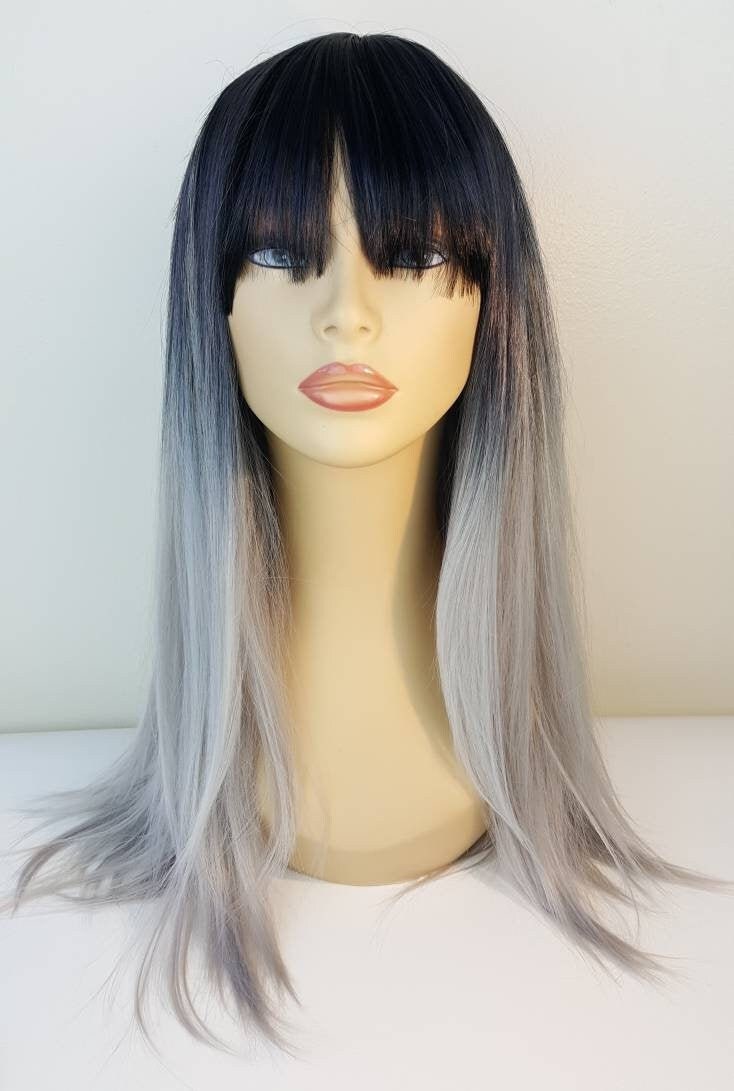 Schwarz Und Grau Ombre Lange Gerade Perücke Mit Pony, Silber Perücke, Schichten von Etsy - WigCraving