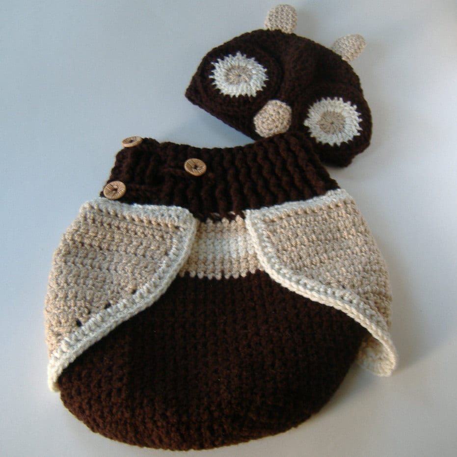 Gehäkeltes Eulen Cocoon Set, Holzig Dunkelbrauner Schlafsack, Baby Foto Requisite von Etsy - WildBeanSprouts
