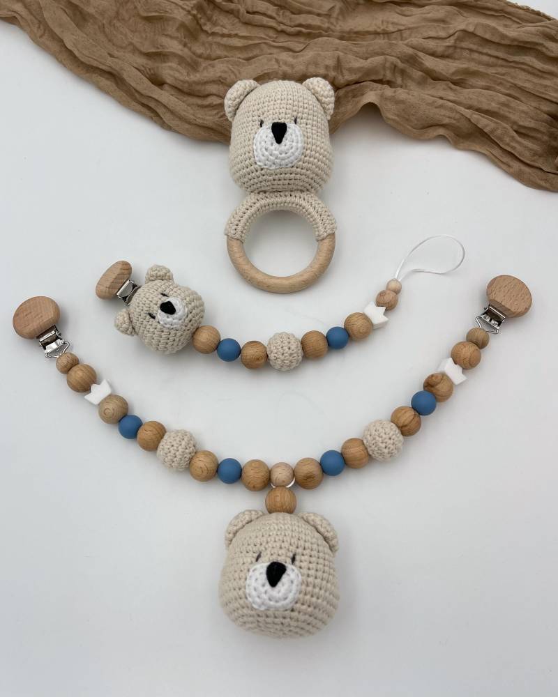 Handgemachtes Baby-Bär-Set | Schnullerkette, Kinderwagenkette & Rassel Personalisierbar Mit Namen Oder Buchstaben Geschenk Geburt Teddy von Etsy - WunderherzchenbyAnja