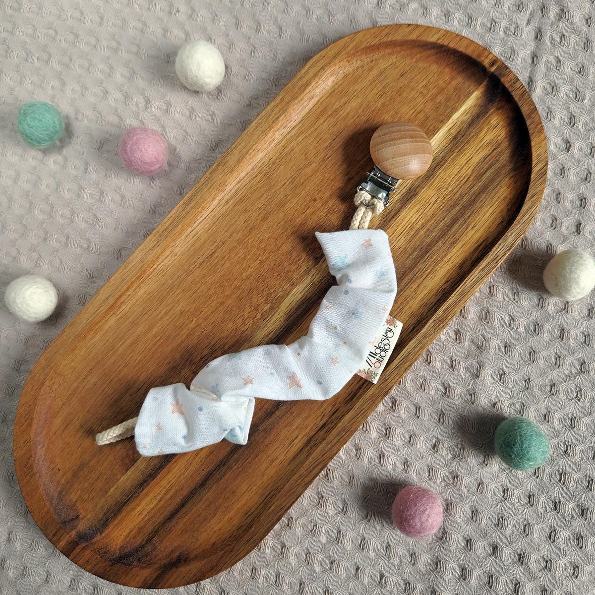 Schnullerkette - Peach Stars Babygeschenk Bunter Baumwollstoff Sternchen von Etsy - YulisNarnia