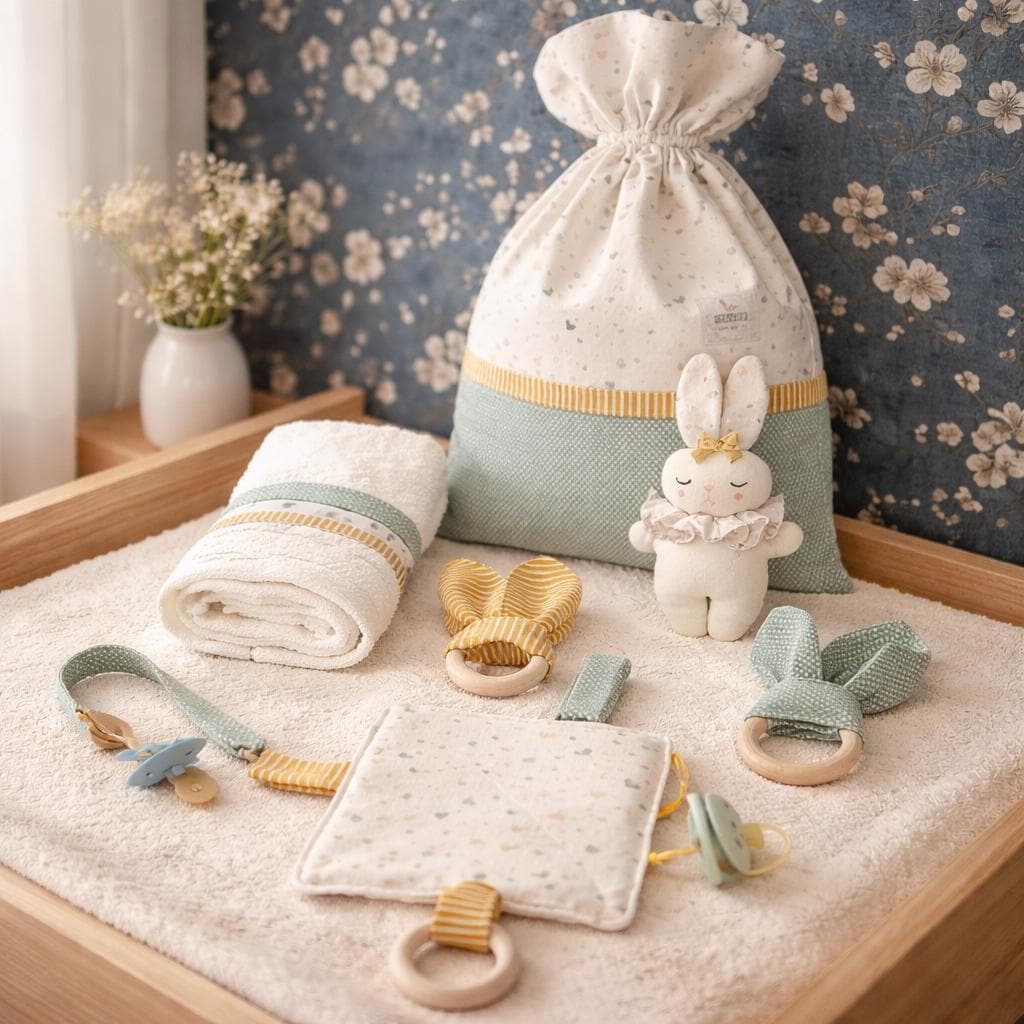 Baby Geschenkset 6-Teilig - Hasen-Rassel, Knistertuch, Schnullerkette, Greifring & Beutel Handgefertigt Erstlingsset Zur Geburt von Etsy - Zuckerstich