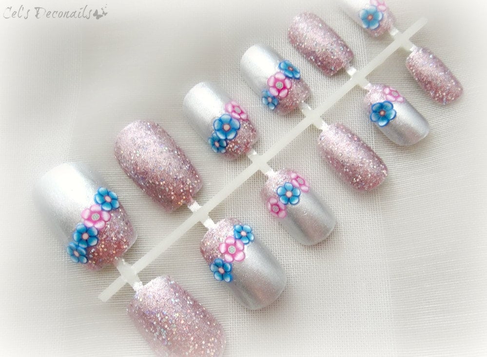 Frühlingsblumen-Nagel-Kunst-Set, Handbemalt Nägel, Glitzer Falsche Nagel-Set von Etsy - celdeconail