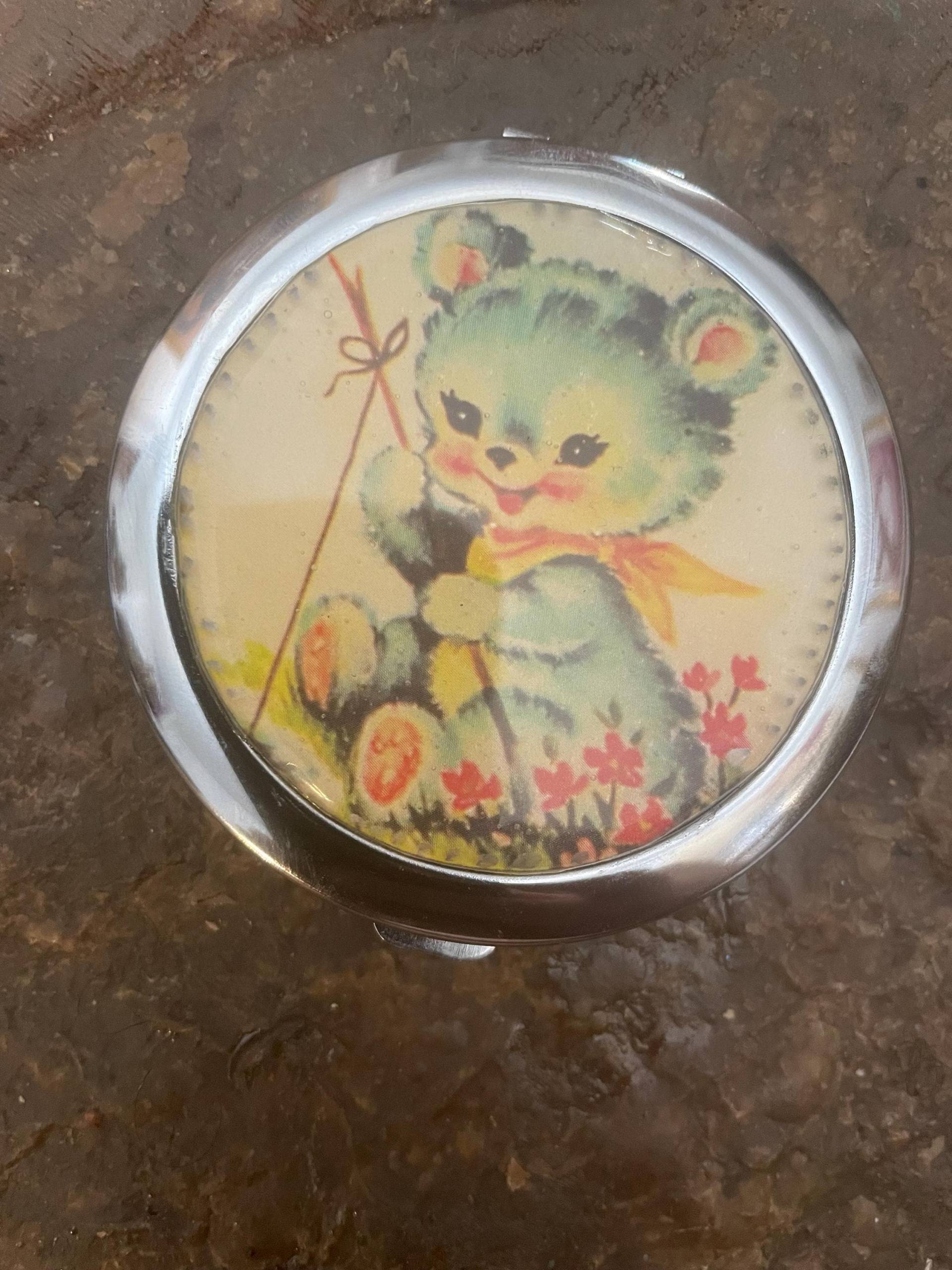 Retro Vintage Blau Teddybär Silberzier Runde Spiegeldose von Etsy - cheetahrama