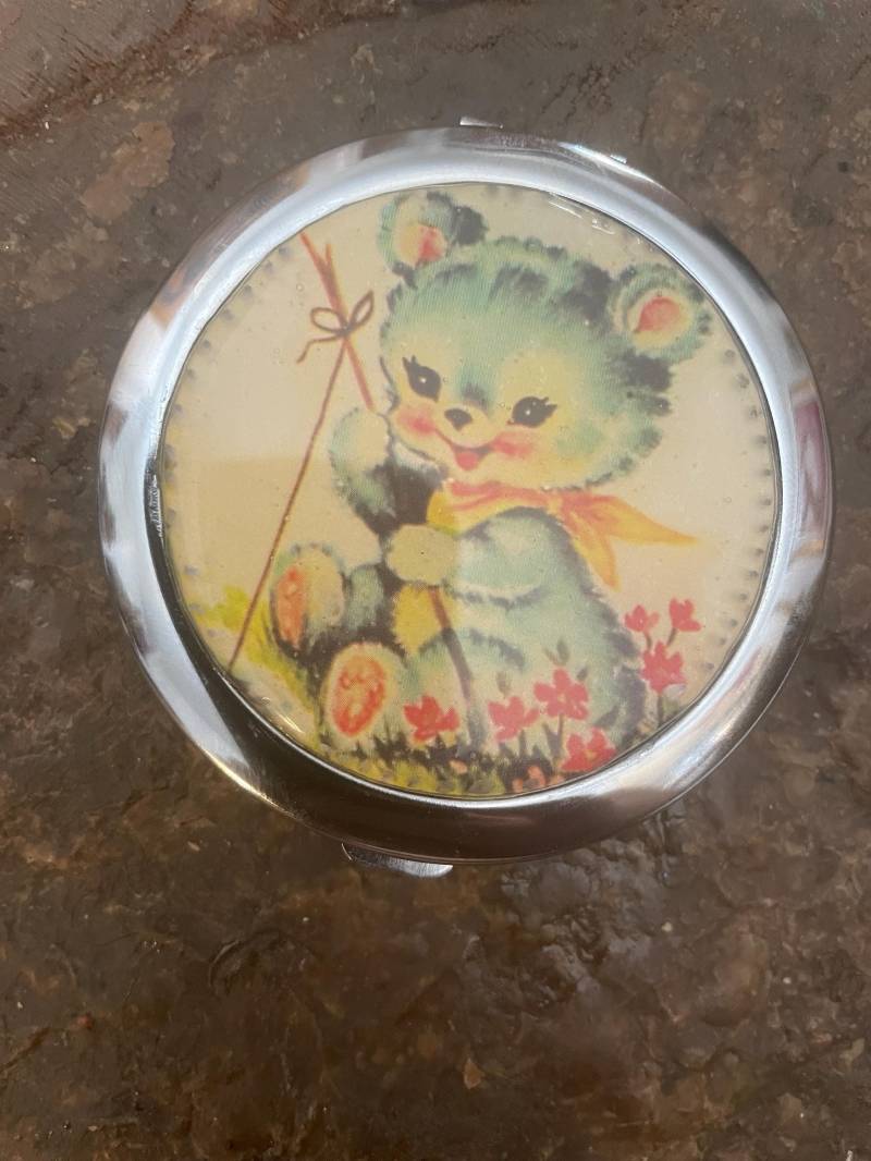 Retro Vintage Blau Teddybär Silberzier Runde Spiegeldose von Etsy - cheetahrama