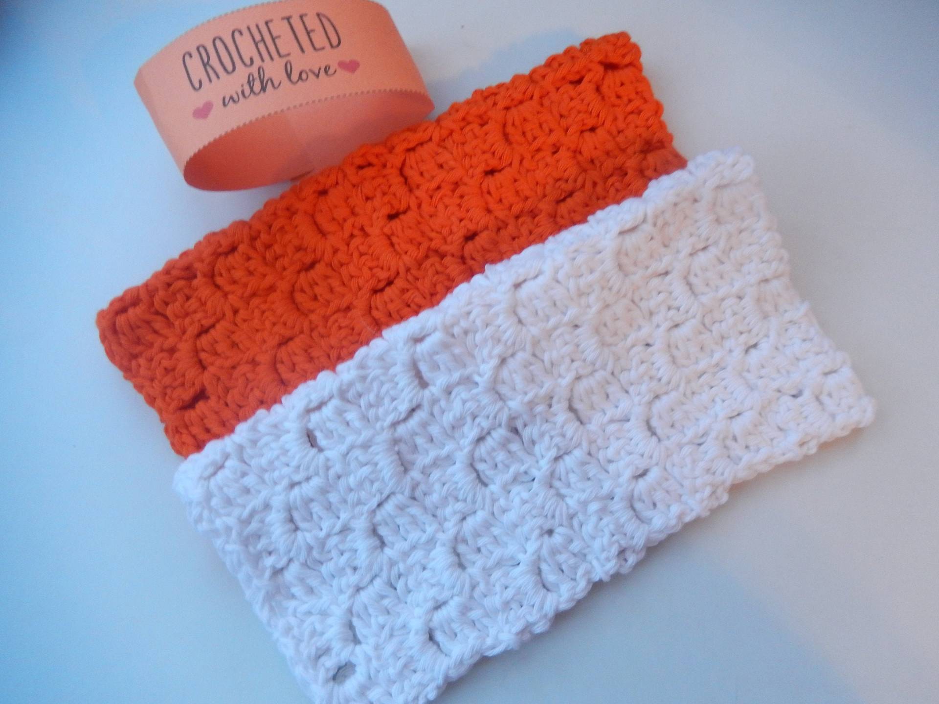 Gehäkelte Baumwoll-Waschlappen Orange & Weiss, 2Er-Set von Etsy - crochetlittlegoodies