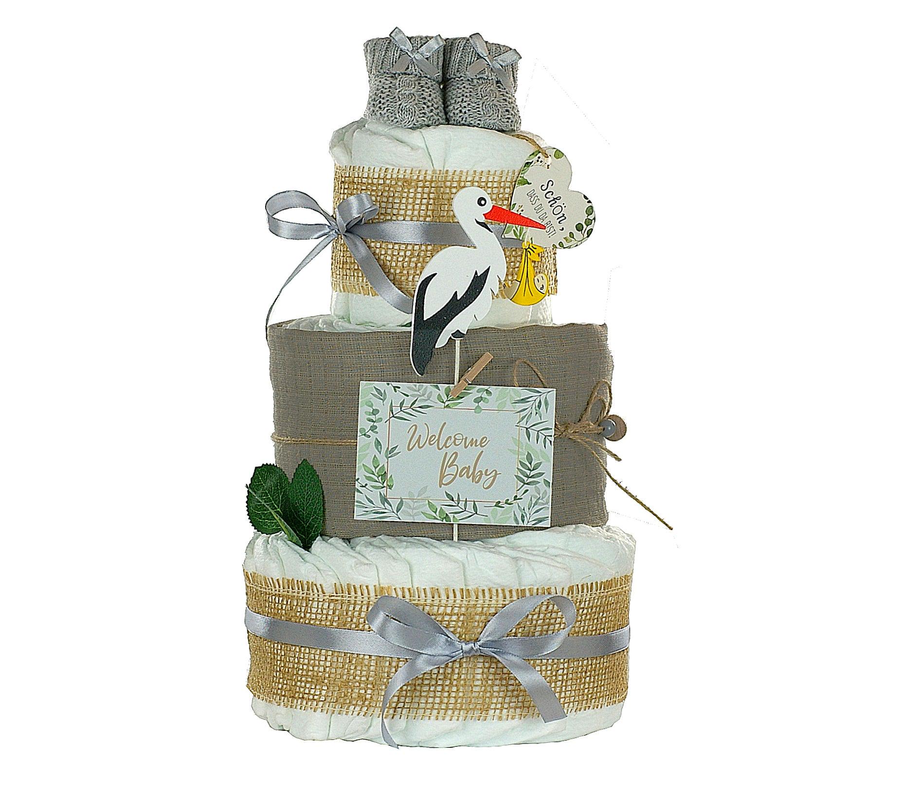 Neutrale Windeltorte Storch Mit Bündel | Inkl. Babybooties Und Mullwindel Grau| Geschenk Zur Geburt Babyparty von Etsy - dubistda