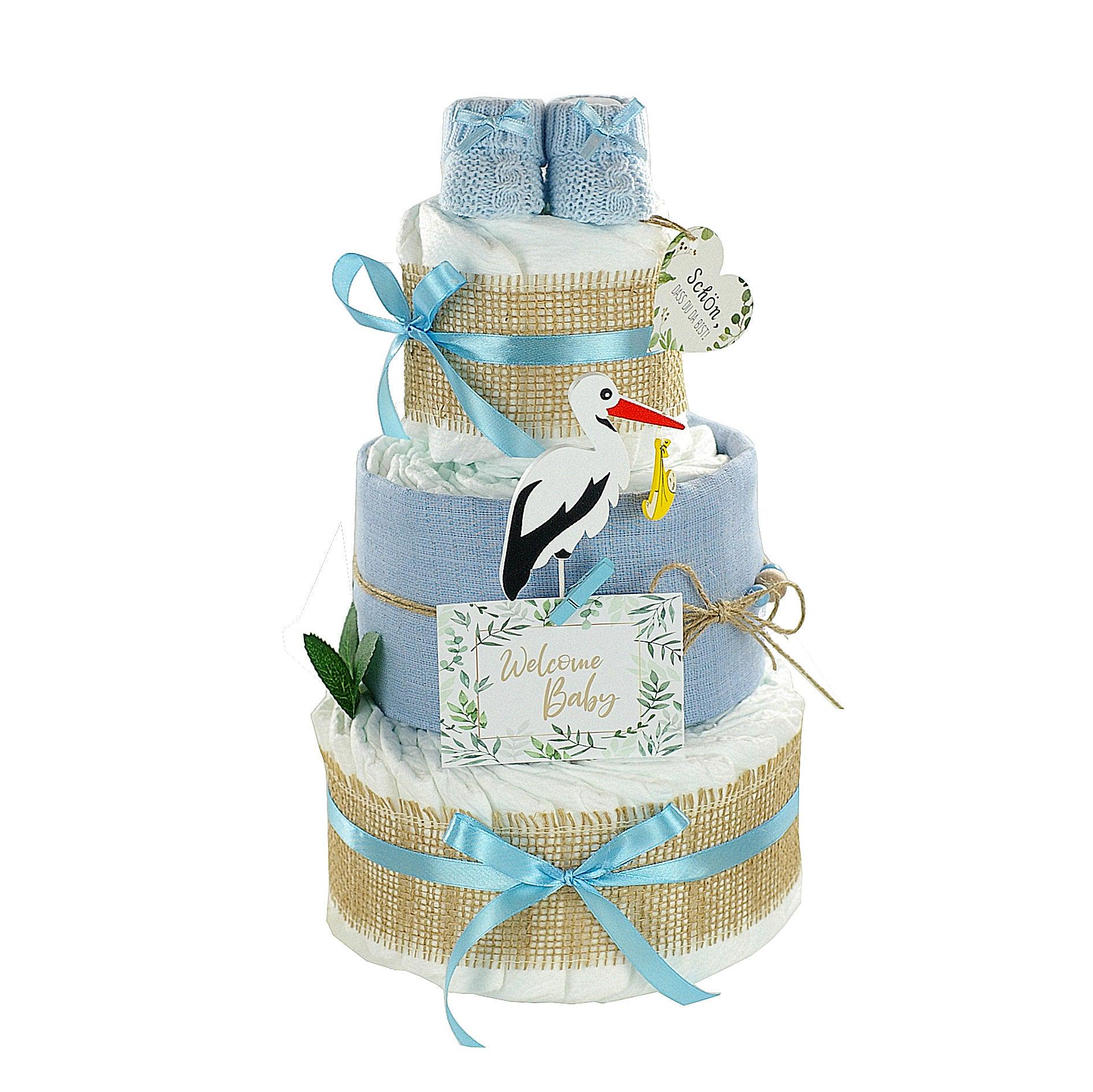 Windeltorte Storch Mit Bündel | Inkl. Babybooties Und Mullwindel Blau Babyparty Geschenk Zur Geburt von Etsy - dubistda
