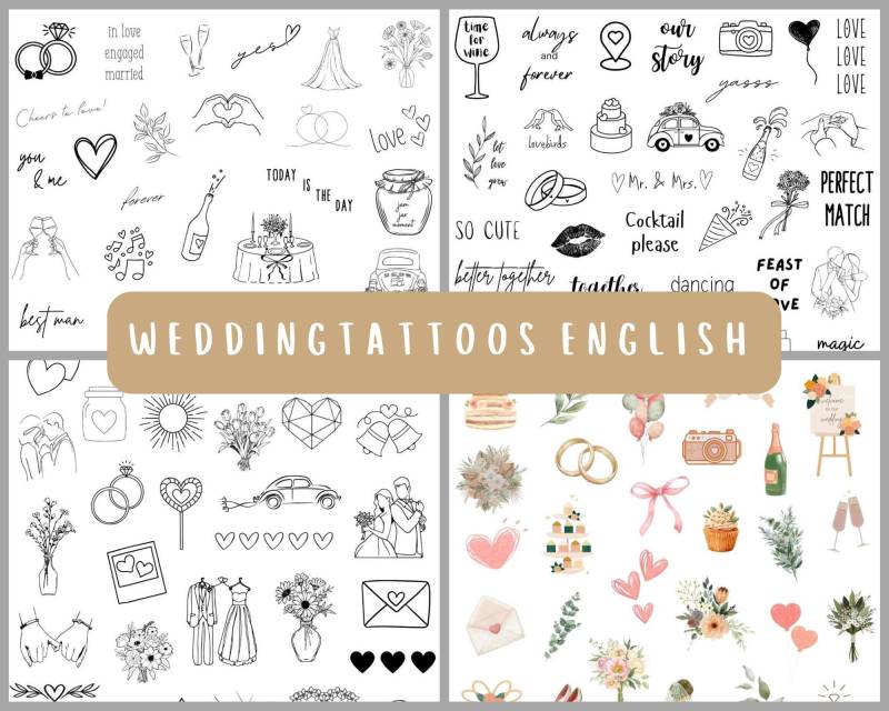 Klebetattoos Temporäre Hochzeitstattoos Sticker Englisch Hochzeitsgeschenk Gastgeschenk Unterhaltung Hochzeit Schwarz Bunt Tattoo Station von Etsy - evveprints