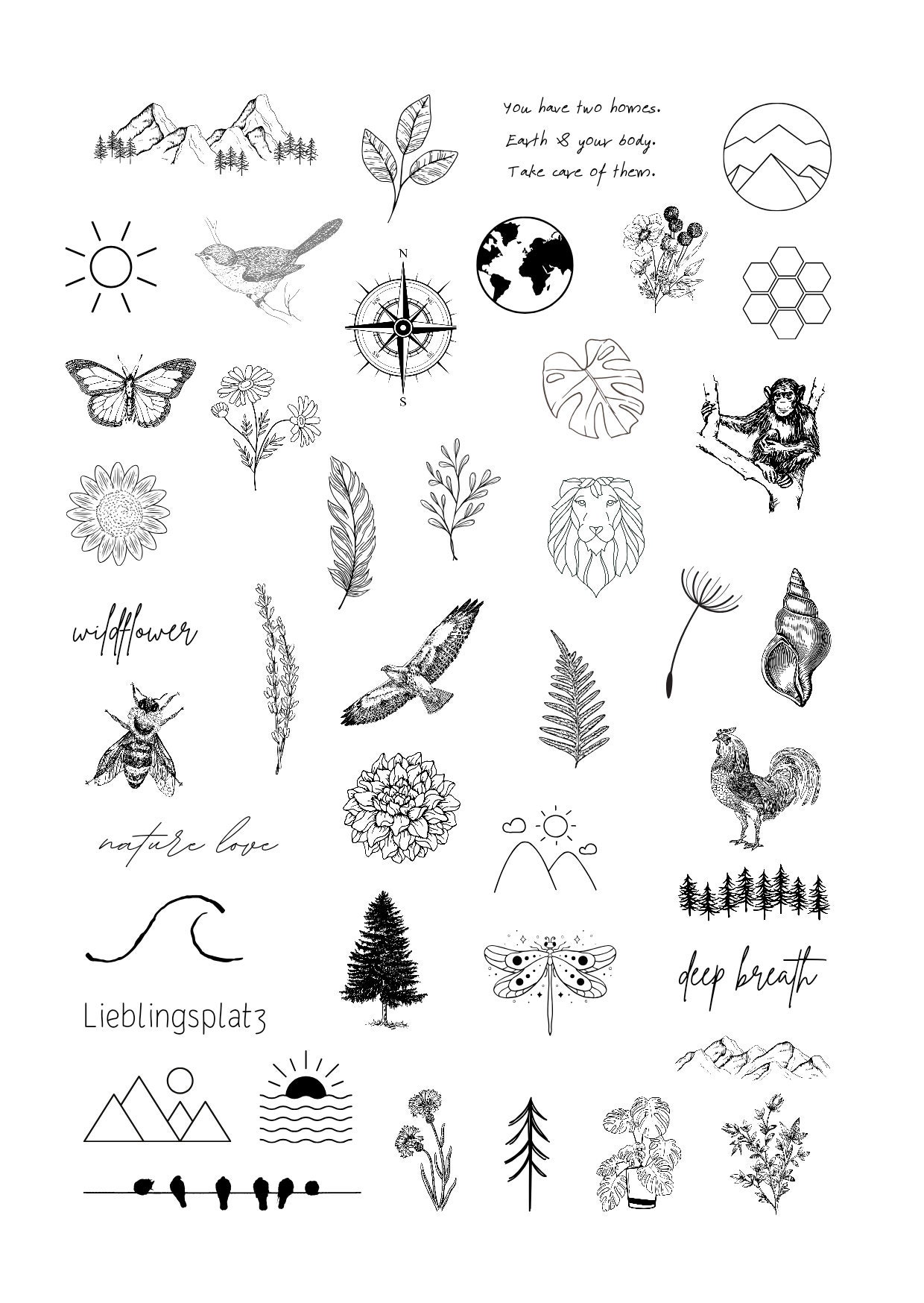 Klebetattoos Temporäre Tattoos Natur Pflanzen Blumen Bäume Tiere Berge von Etsy - evveprints