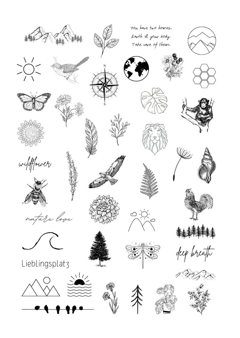 Klebetattoos Temporäre Tattoos Natur Pflanzen Blumen Bäume Tiere Berge von Etsy - evveprints