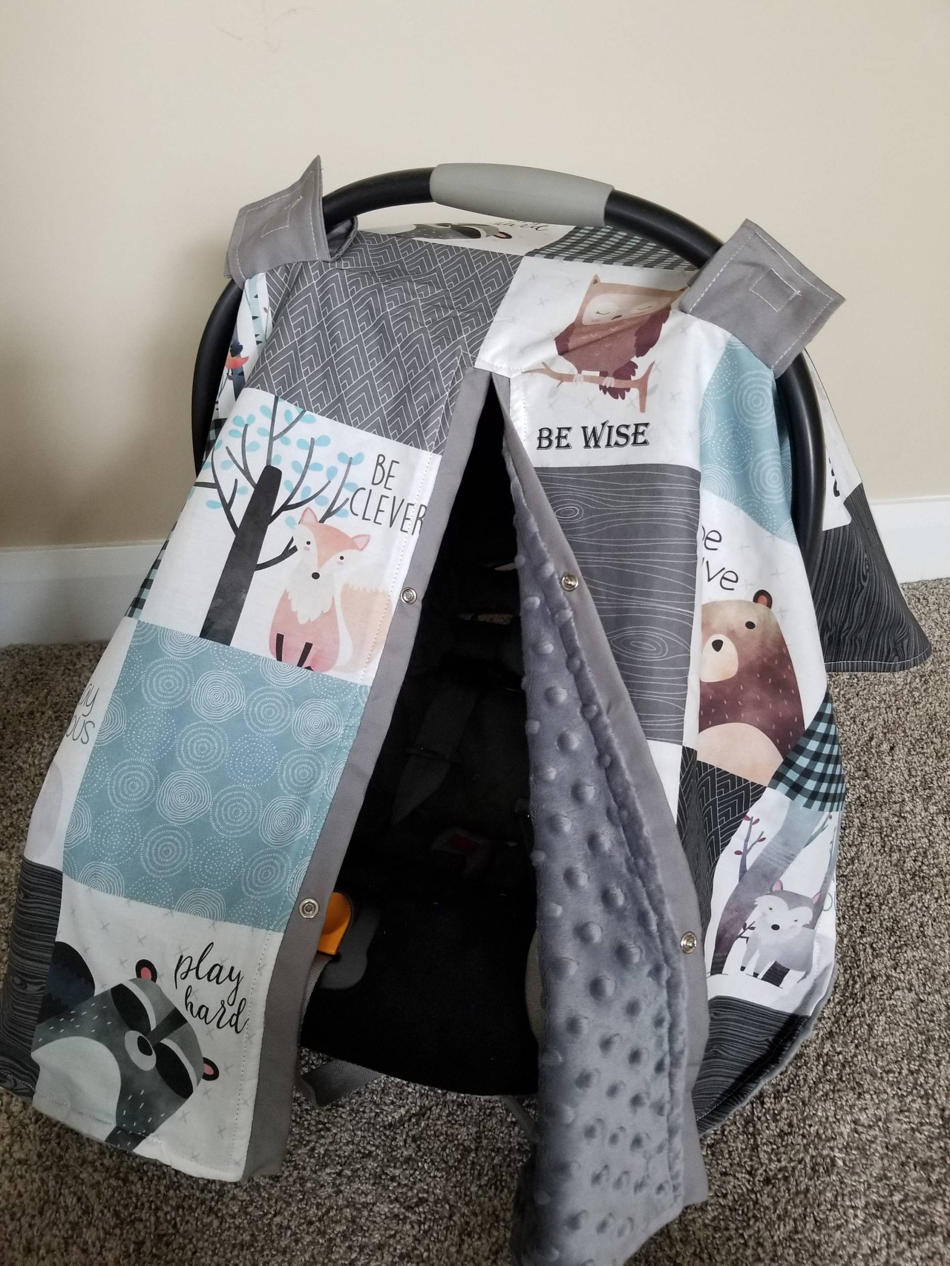 Waldtiere Und Grauer Minky Autositz Baldachin, Baby-Dusche-Geschenk, Baby-Autositz Waldtiere Und Grauer Minky Autositz Baldachin, Baby-Dusche-Geschenk, Baby-Autositz von Etsy - fashionfairytales