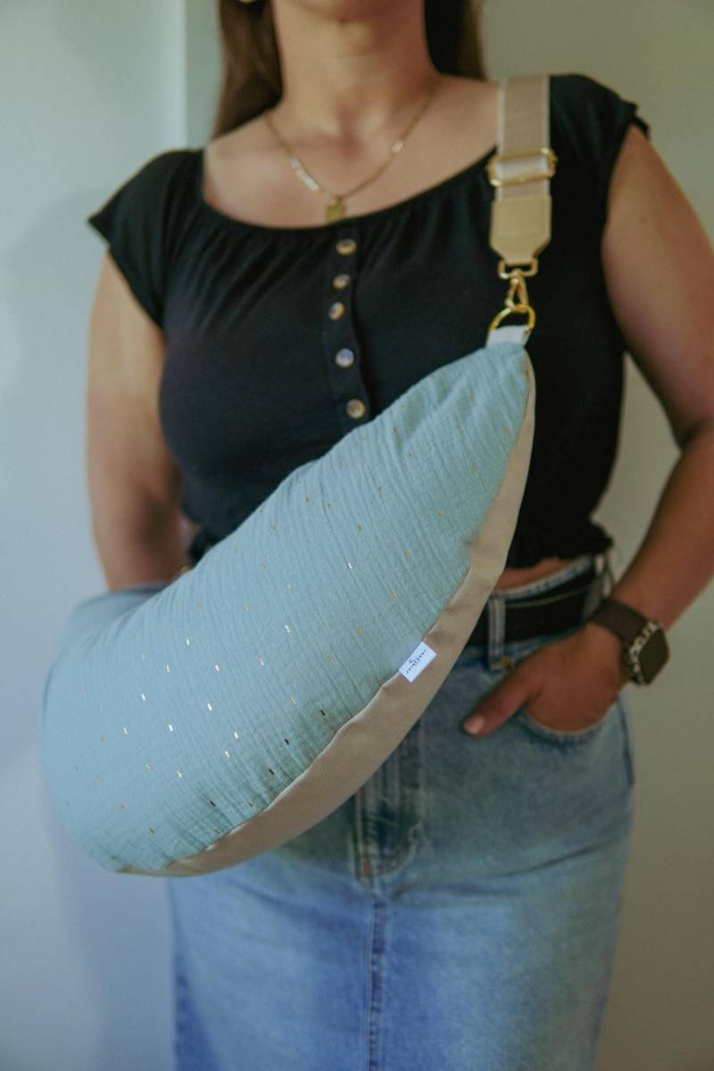 stillkissen/Reisekissen To Go "Musselin Türkis Gold Beige" von Etsy - feinesgut