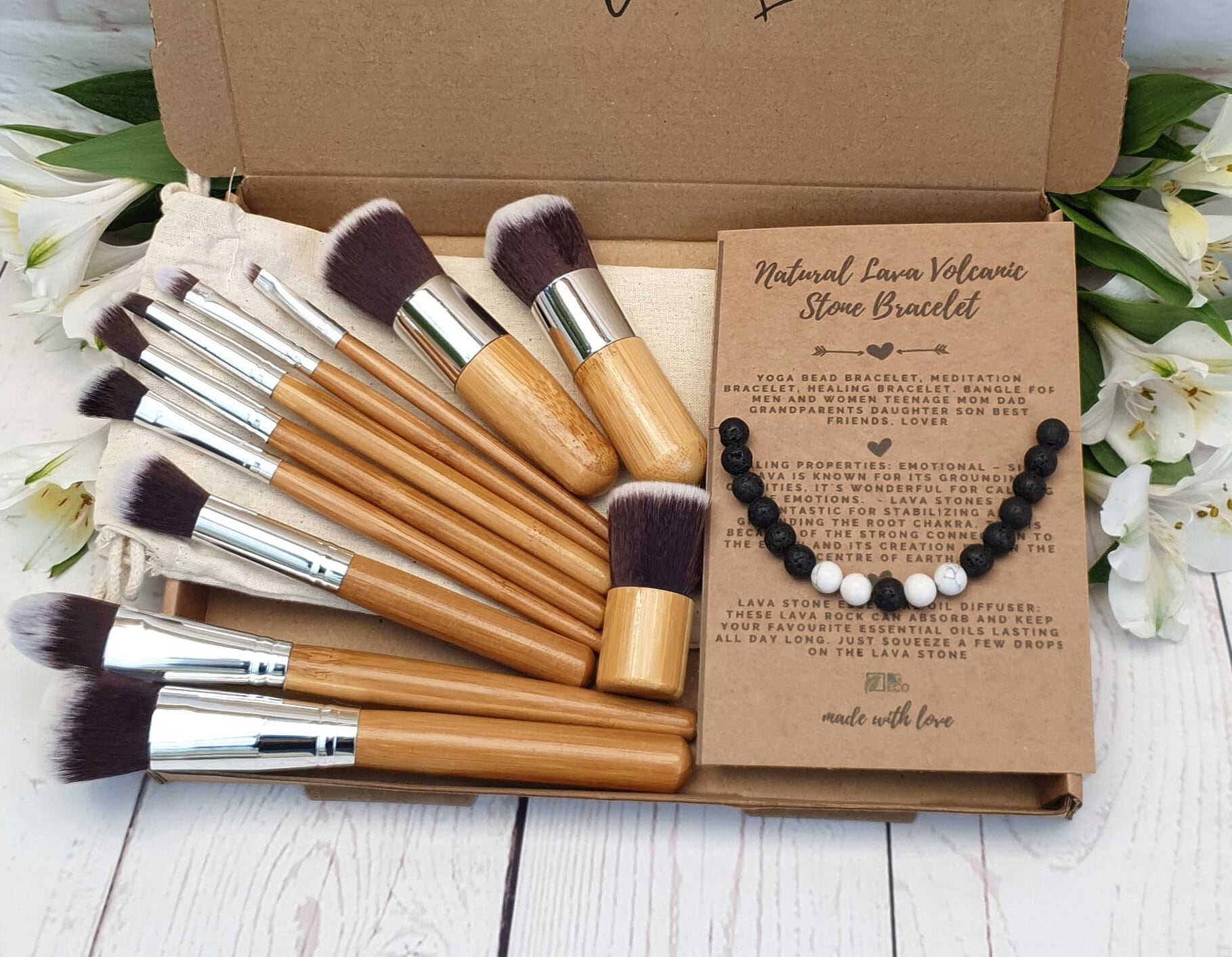 Umweltfreundliches Geschenk Für Sie 11 Stück Bambus Make-Up Pinsel + Armband Aus Lava-Vulkanstein. Natürlich, Nachhaltig, Zero Waste, Ohne Umweltfreundliches Geschenk Für Sie 11 Stück Bambus Make-Up Pinsel + Armband Aus Lava-Vulkanstein. Natürlich, Nachhaltig, Zero Waste, Ohne von Etsy - iandgeco