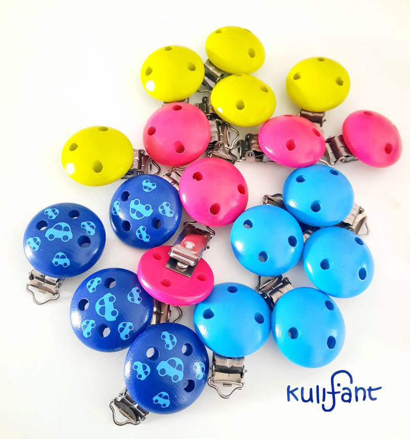 5 Schnullerclipse 35mm Schnuller Schnullerholzclip Durchmesser Pink Maigrün Blau Auto Super Preis von Etsy - kulifant