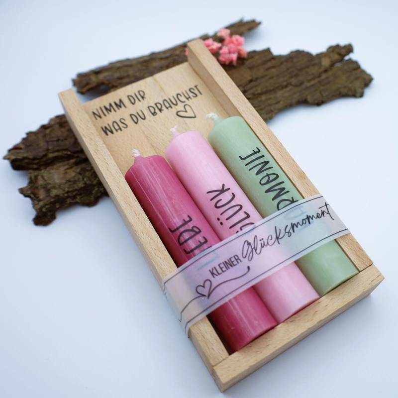 Kerzenset Liebe Glück Harmonie Geschenk Kerzenbox Mit Spruch Kleiner Glücksmoment Achtsamkeit & Freundschaft Deko von Etsy - leenekreativ