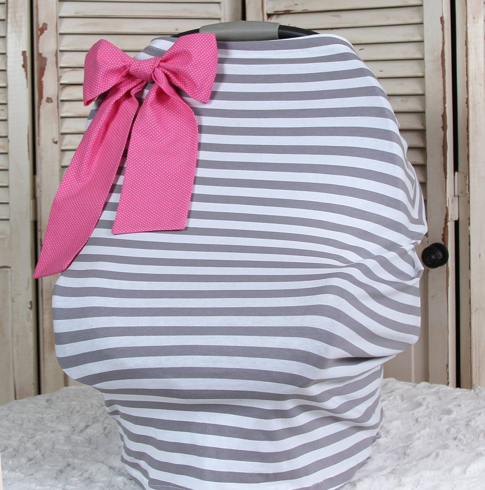 Car Seat Canopy-Gray Stripe Mit Bow Knit Carseat Cover, Nursing Shopping Cart Cover & Scarf-Stretchy Infant Carrier Zelt von Etsy - lilacslollipops