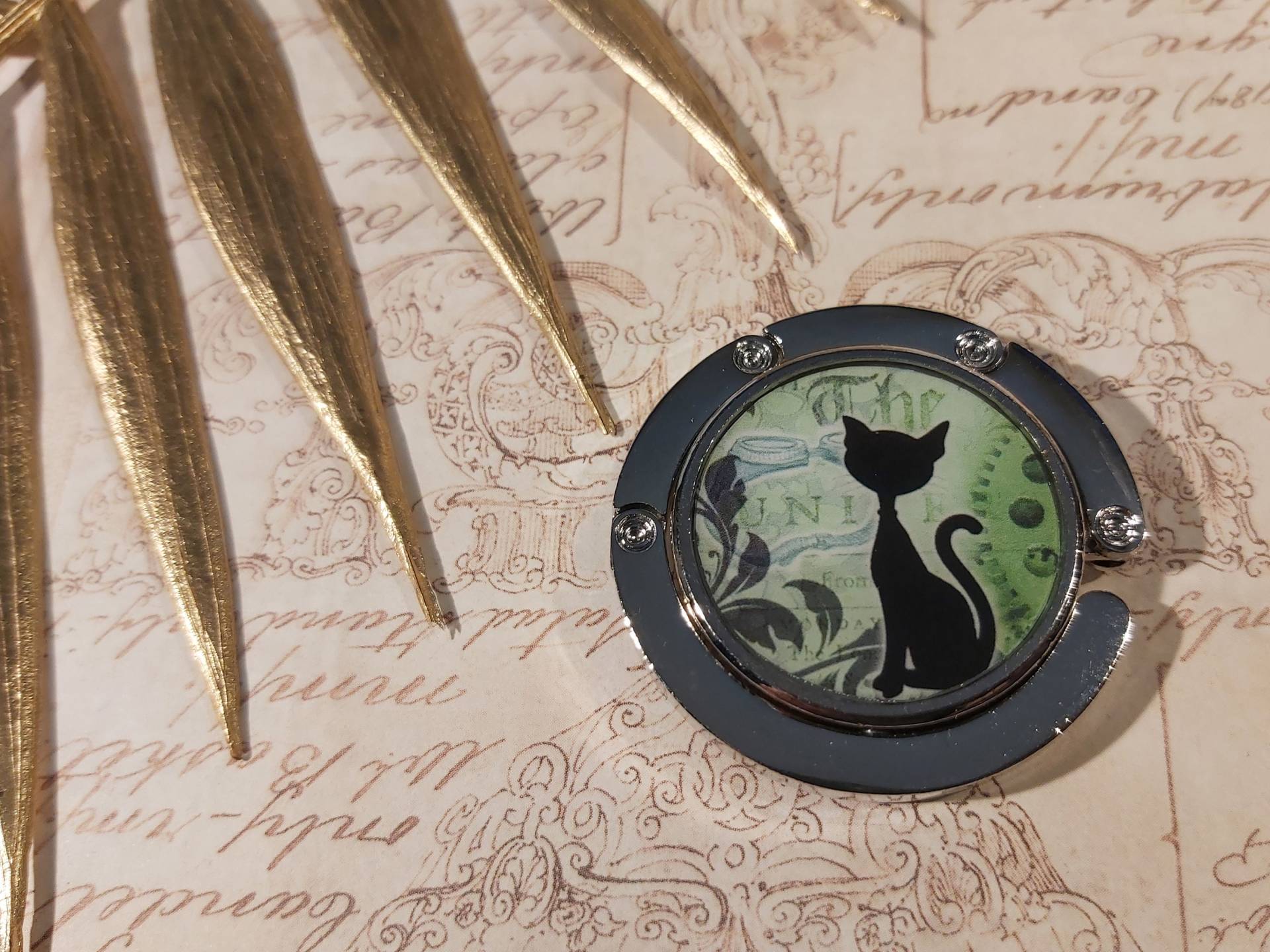 Taschenhalter Aus Silbernem Metall Und Harz, Steampunk-Katze, Arabesken, Zahnräder, Grün, Schwarz, Weiß, Für Damen, Retro, Handgefertigt von Etsy - lydeedeco