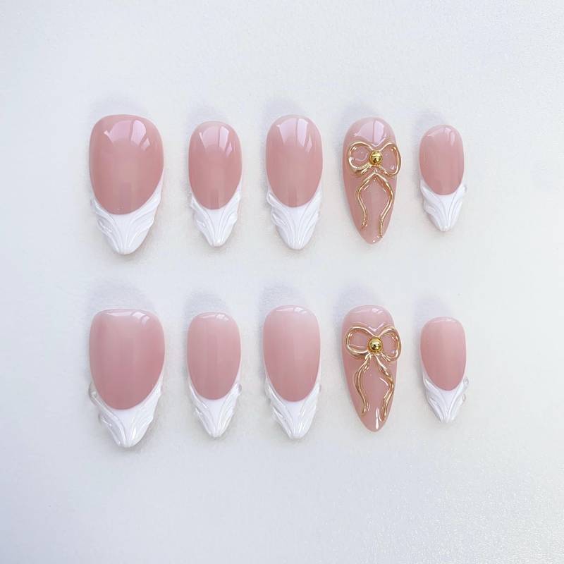 Goldene 3D Chrom Nägel/Weiße French Press Auf Nägel, Lange Mandel Nägel/Bogen Nägel/Rosa Nägel/Tägliche Nägel/Feiertag Hochzeit von Etsy - milhyus