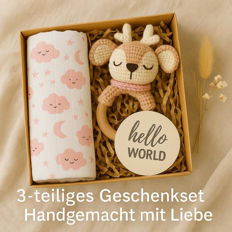 Geschenkset Für Mädchen - Handgemachte Rassel + Musselin Decke Holzschild von Etsy - minimangoo