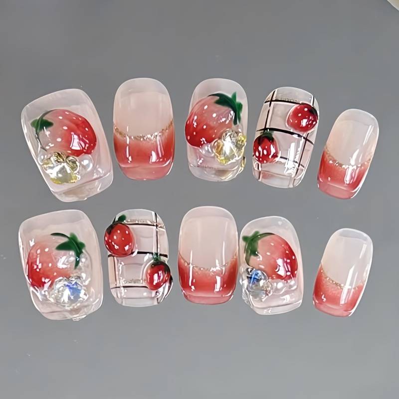 Erdbeer-Parfait - 3D Handgemachte Wiederverwendbare Press-On-Nägel von Etsy - nailauraDE