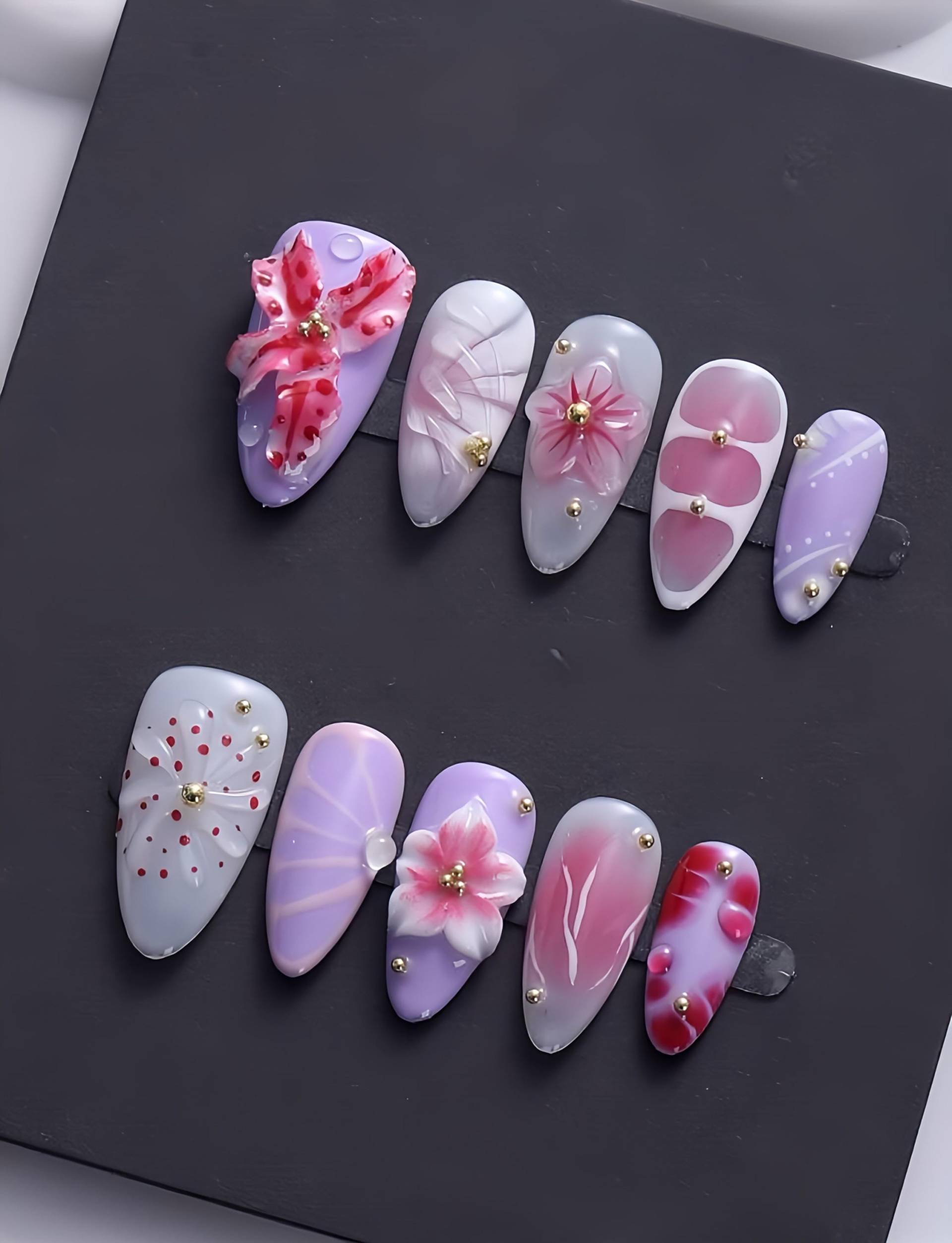 Lunaria Bloom - 3D Handgemachte Wiederverwendbare Pressnägel von Etsy - nailauraDE
