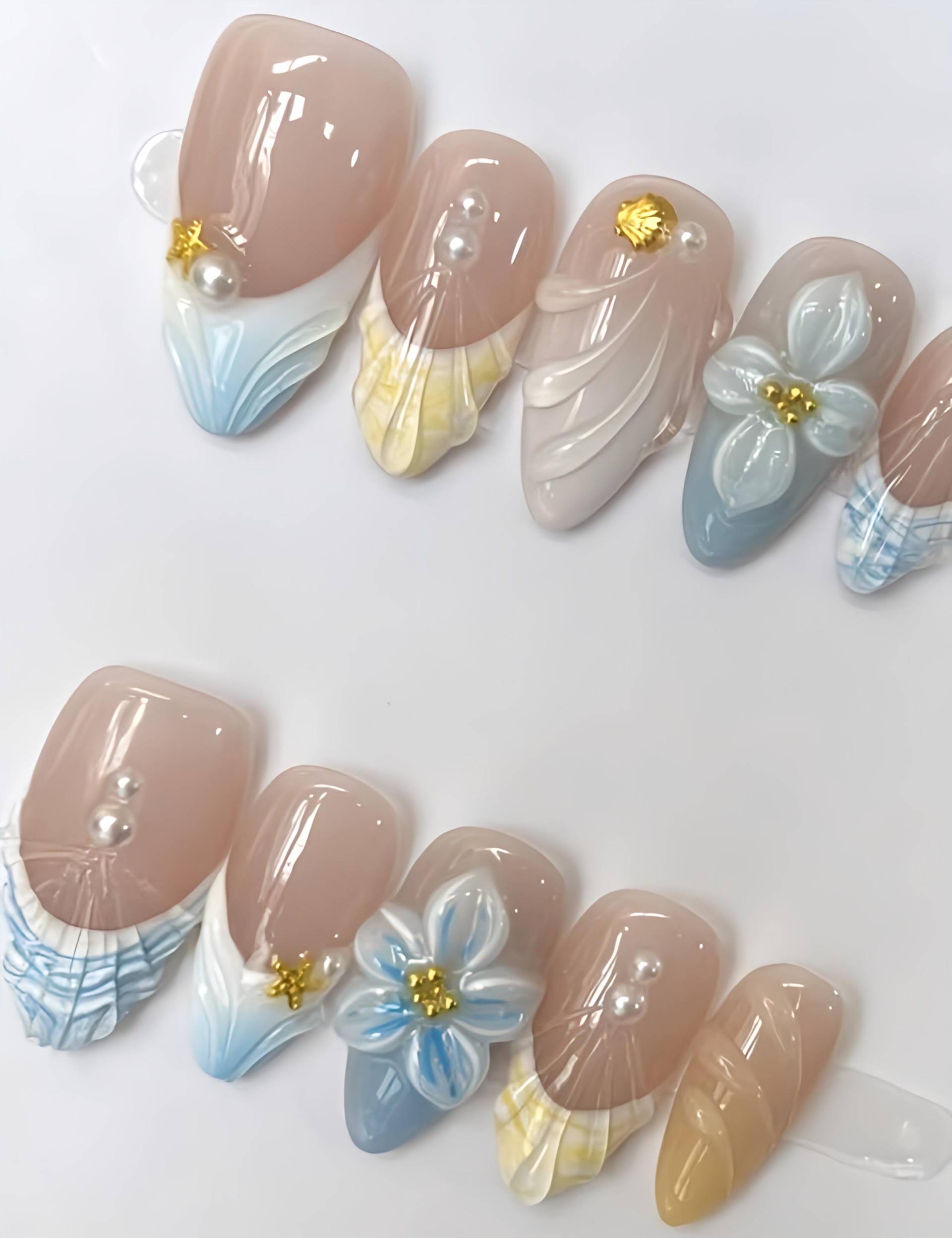 Seaside Blossom - 3D Handgemachte Wiederverwendbare Pressnägel von Etsy - nailauraDE