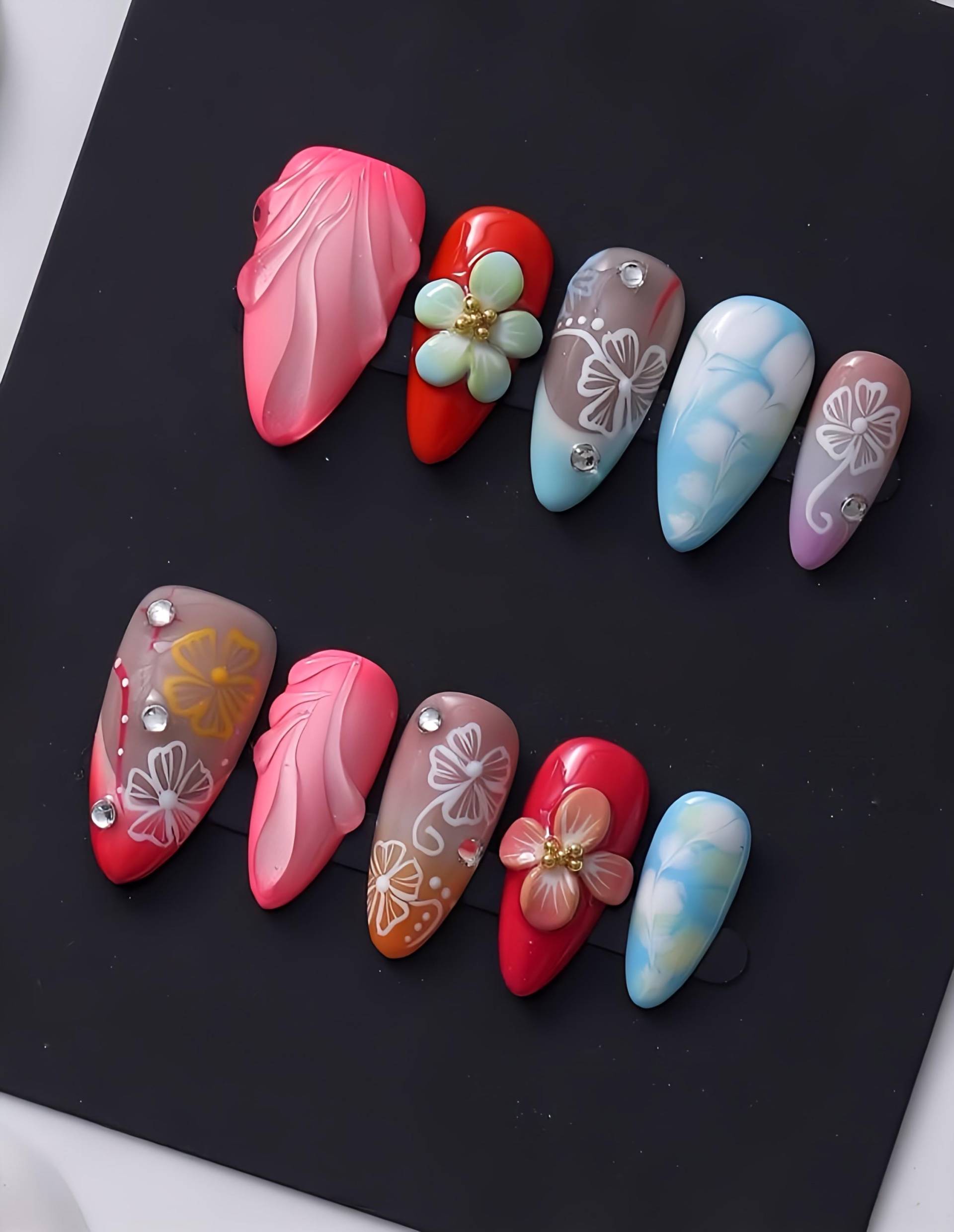 Tropibloom Mirage - 3D Handgemachte Wiederverwendbare Press-On Nägel von Etsy - nailauraDE