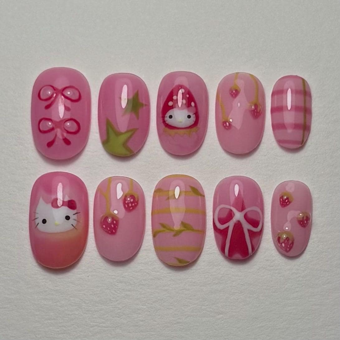 Erdbeer Kätzchen Set, Premium Presse Auf Nägel, Künstliche Handgemacht, Wiederverwendbar, Y2K, Fairycore, Meerjungfrau, Nailart, Gelx, Perlen von Etsy - naluena