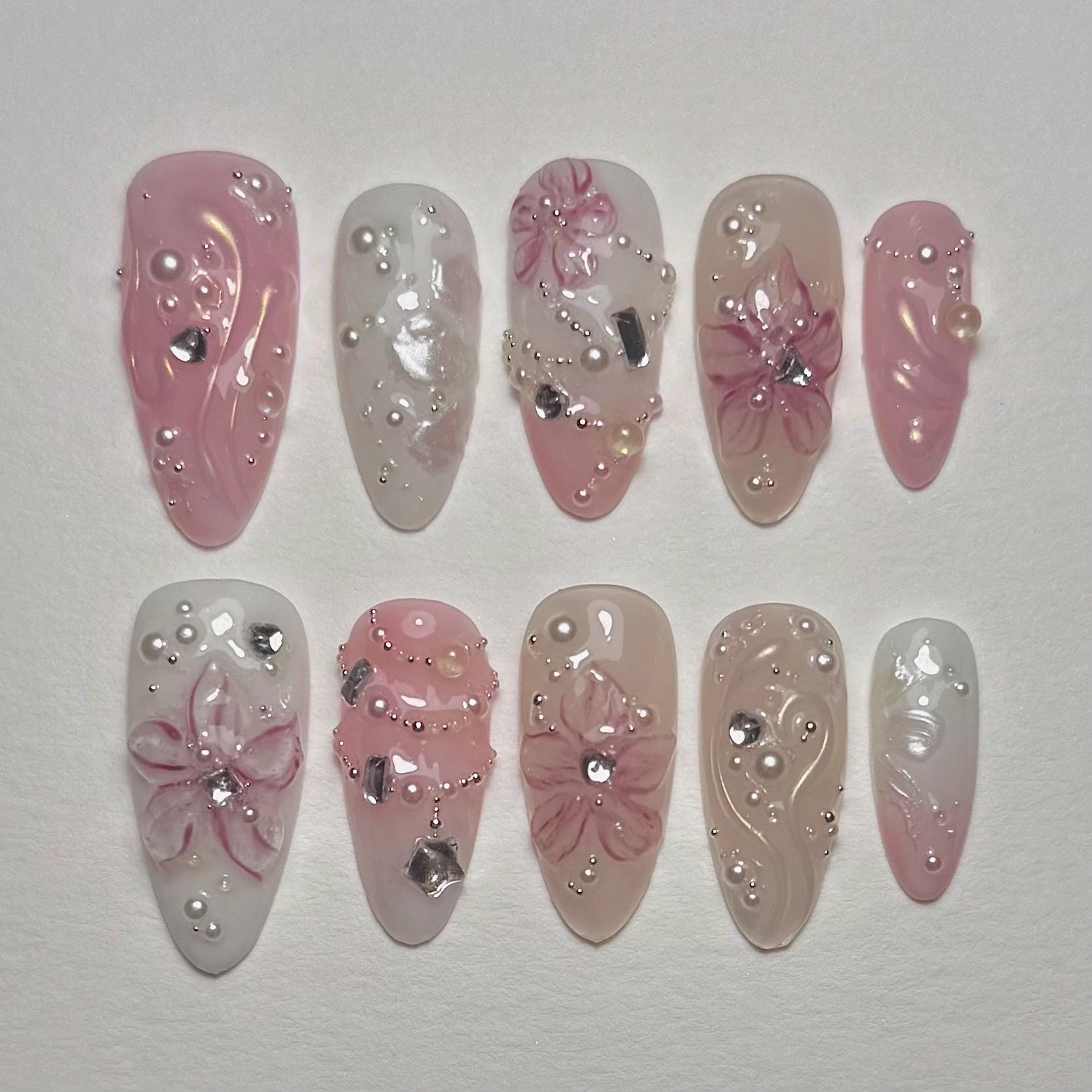 Rosenwalzer Set, Premium Press Auf Nägel, Künstliche Handgemacht, Wiederverwendbar, Y2K, Fairycore, Meerjungfrau, Nailart, Gelx, 3D-Blumen, Perlen von Etsy - naluena