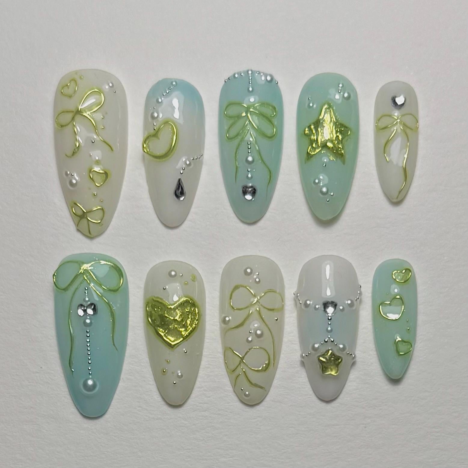 Willow Bows Set, Premium Press Auf Nägel, Künstliche Handgemacht, Wiederverwendbar, Y2K, Herz, Fairycore, Meerjungfrau, Nailart, Gelx, Perlen von Etsy - naluena