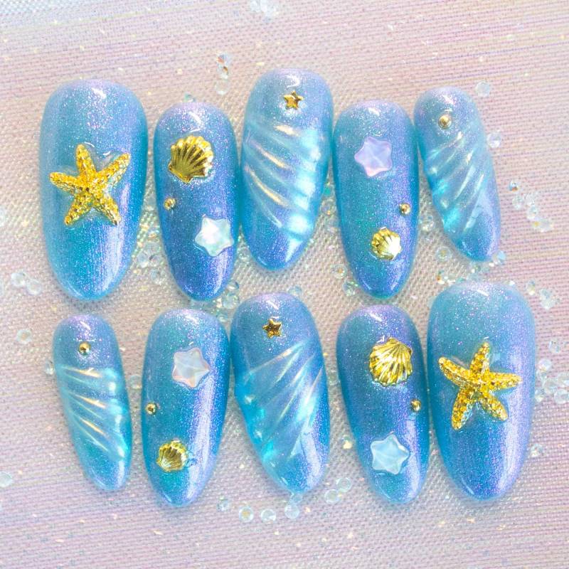 sternenmeer Press On Nails, Ozeanblau Glitter Sommer Mermaid Chrome Shell Handgemachte Wiederverwendbare Maniküre Gelx Pressons Künstliche Falsche von Etsy - pikaxpaws