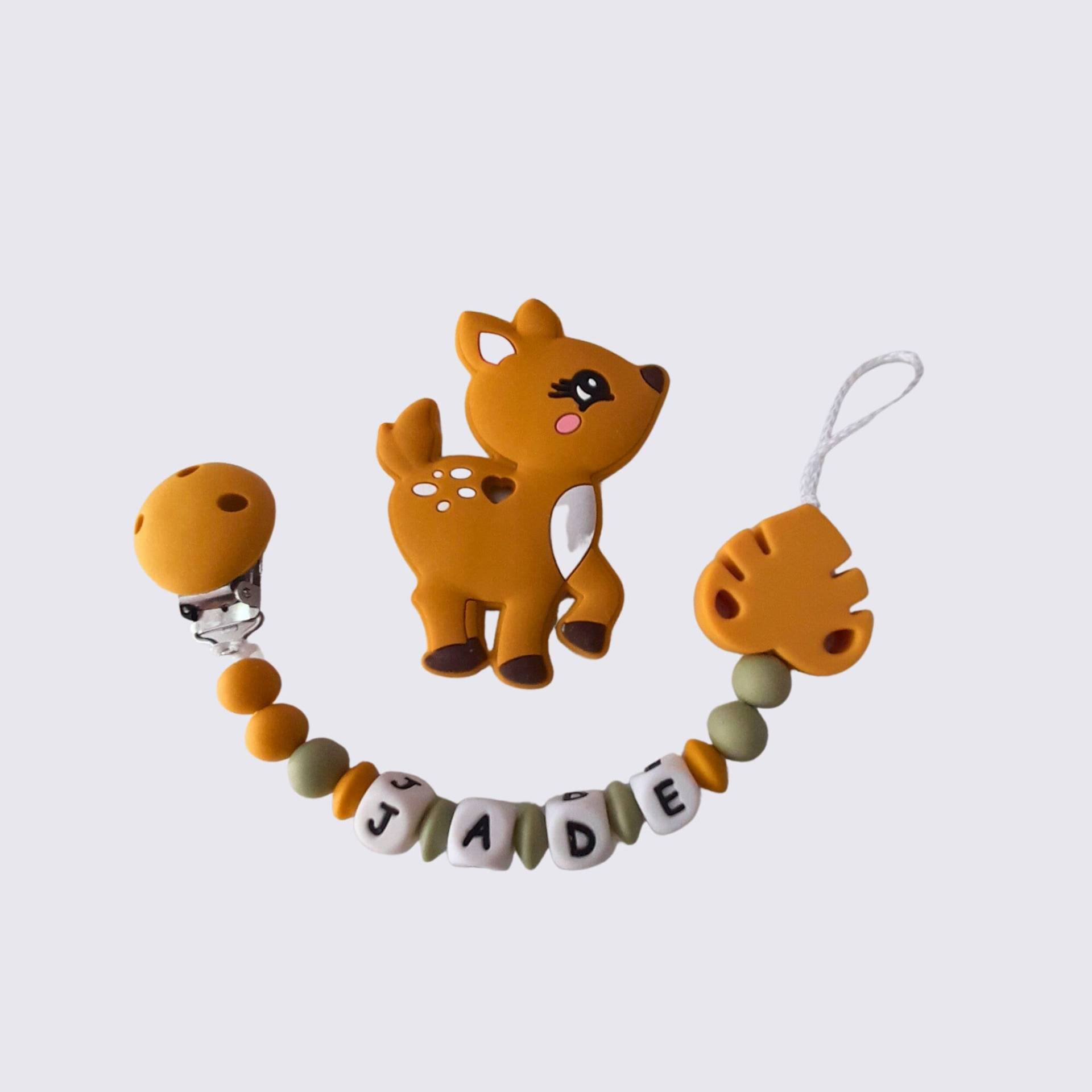 Personalisierter Reh-Schnullerclip Und Senfgelbes Blatt, Optionales Reh-Spielzeug Personalisierter Reh-Schnullerclip Und Senfgelbes Blatt, Optionales Reh-Spielzeug von Etsy - planetebebe