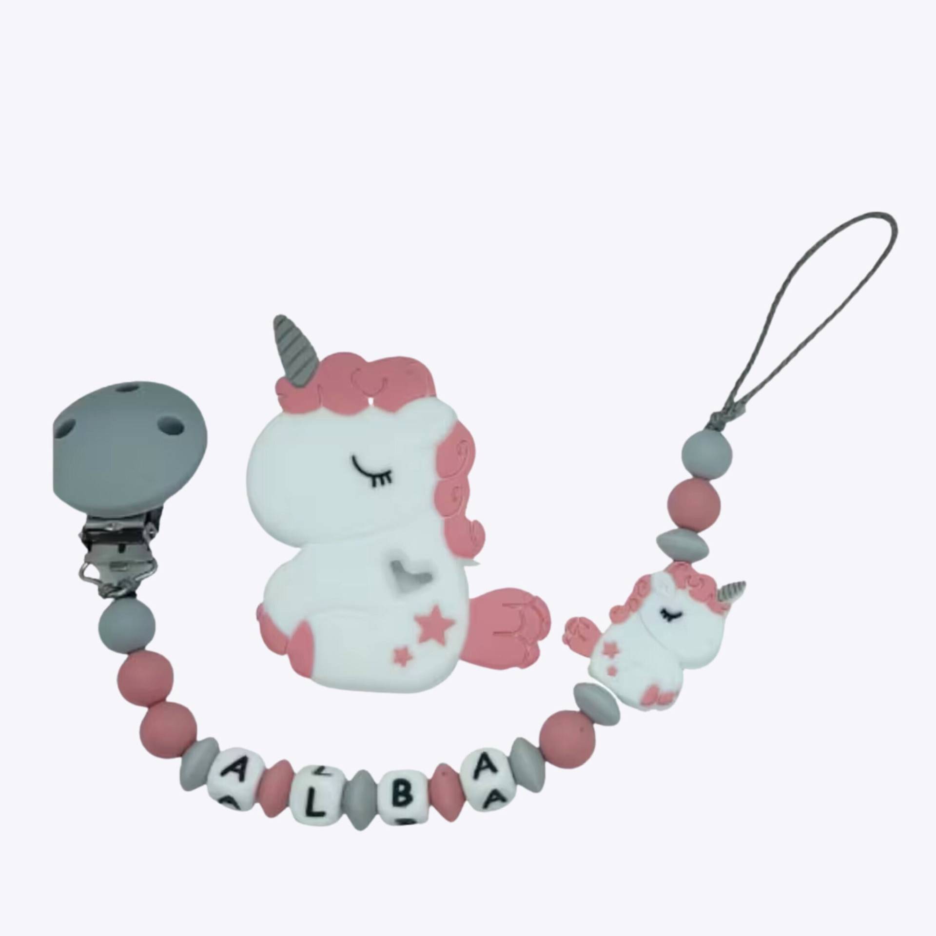 Personalisierter Schnuller/Schnullerclip Einhorn Rosa Weiß Grau - Passende Einhornrassel Optional Personalisierter Schnuller/Schnullerclip Einhorn Rosa Weiß Grau - Passende Einhornrassel Optional von Etsy - planetebebe