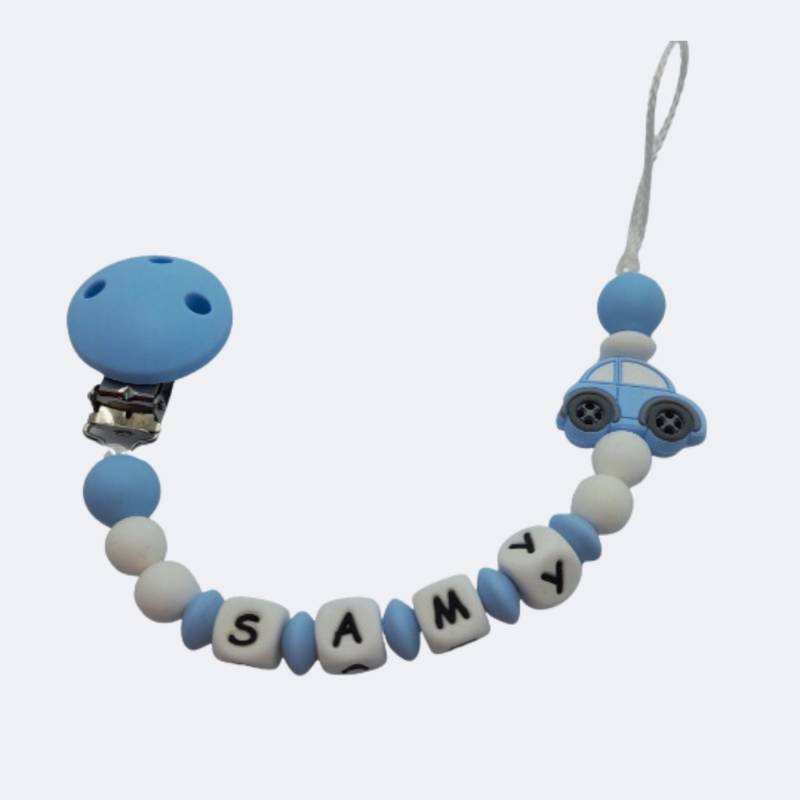 Personalisierter Schnullerclip Blaues Auto - Geburtsgeschenk Vorname von Etsy - planetebebe