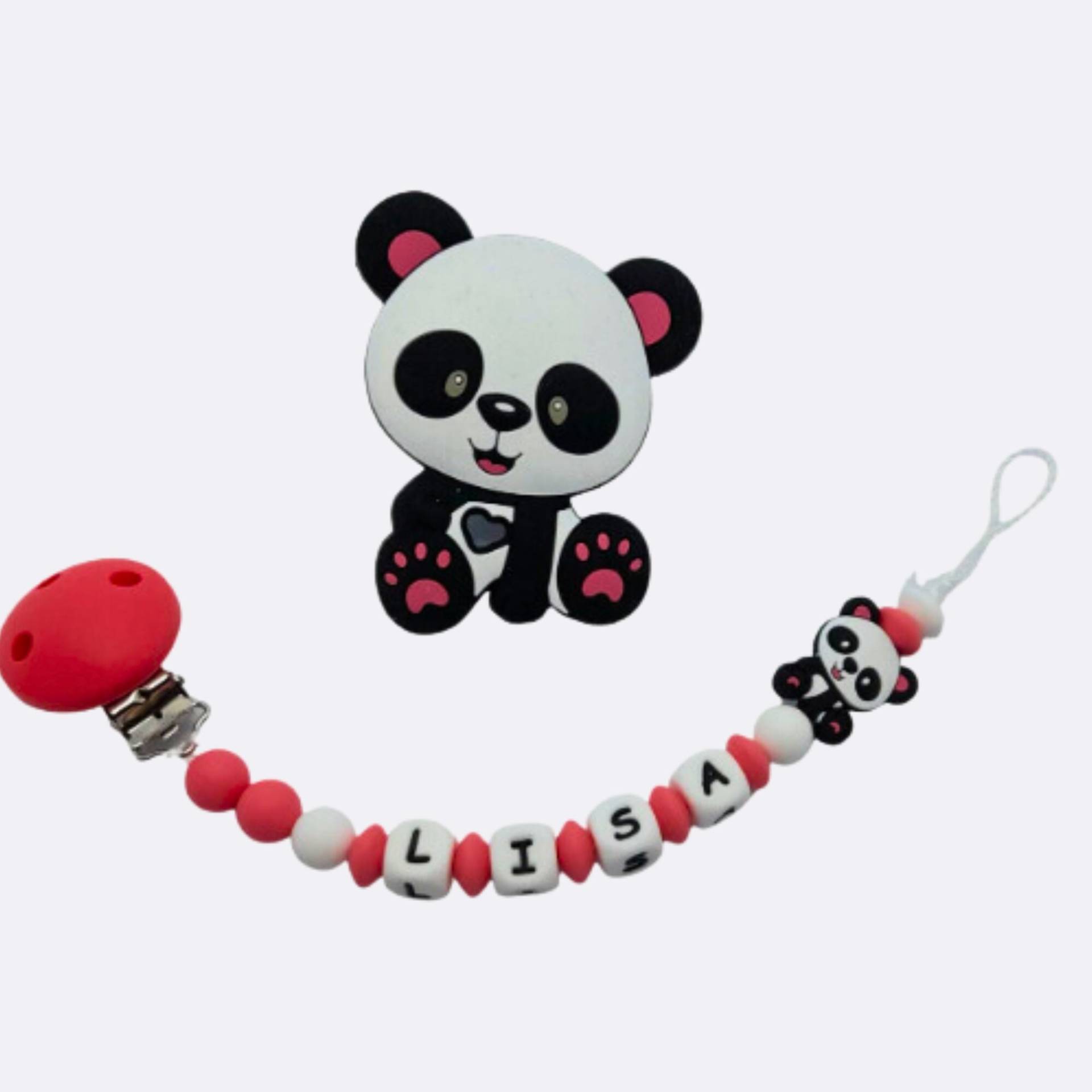 Personalisierter Schnullerclip Mit Vornamen, Pandamuster, Rosa Und Weiß, Babygeschenk Personalisierter Schnullerclip Mit Vornamen, Pandamuster, Rosa Und Weiß, Babygeschenk von Etsy - planetebebe