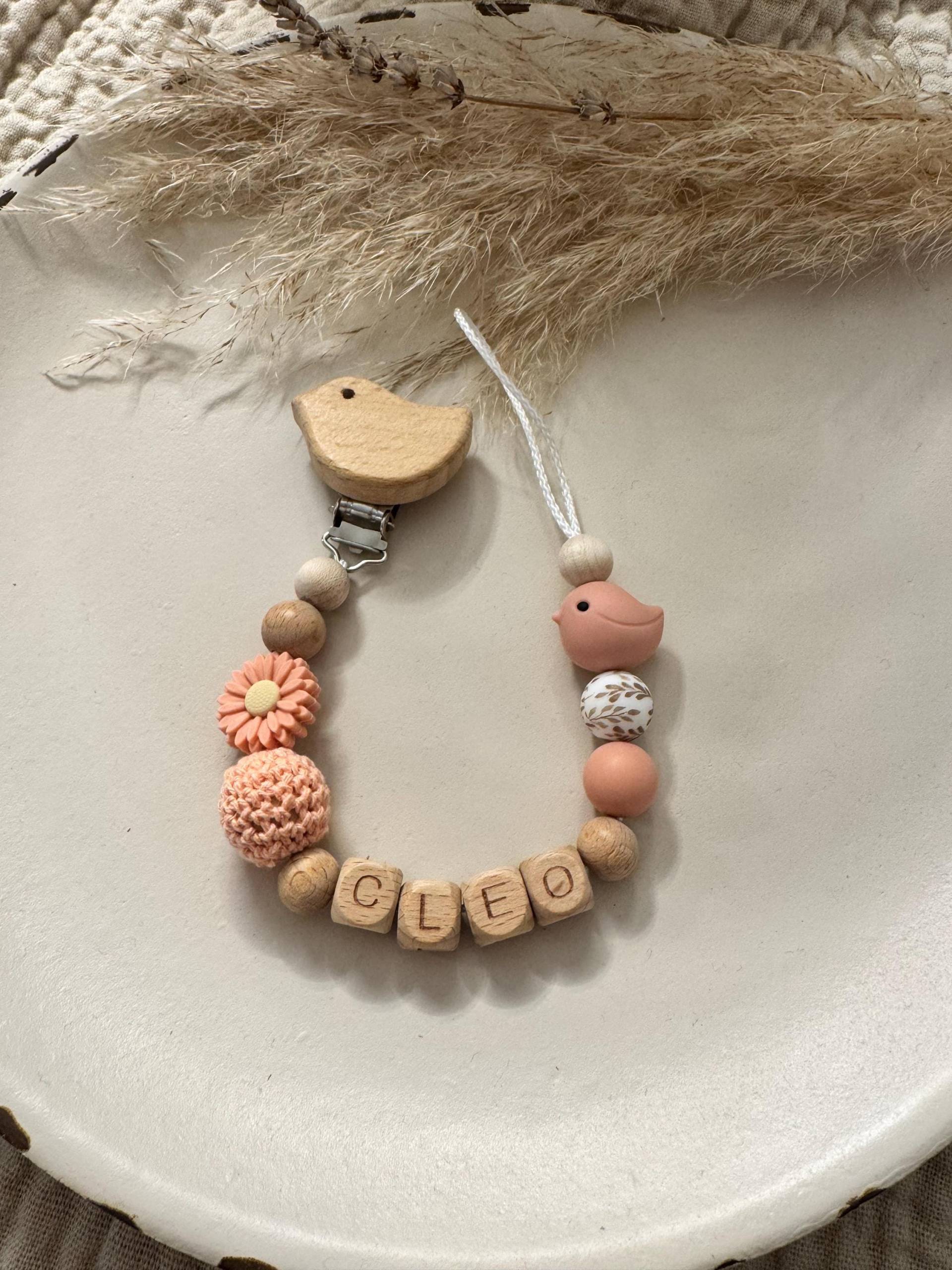Schnullerkette Personalisiert Mit Namen, Vogel Und Blume in Peach Als Geschenk Zur Geburt | Name Handgemacht von Etsy - prettylittleJeMa