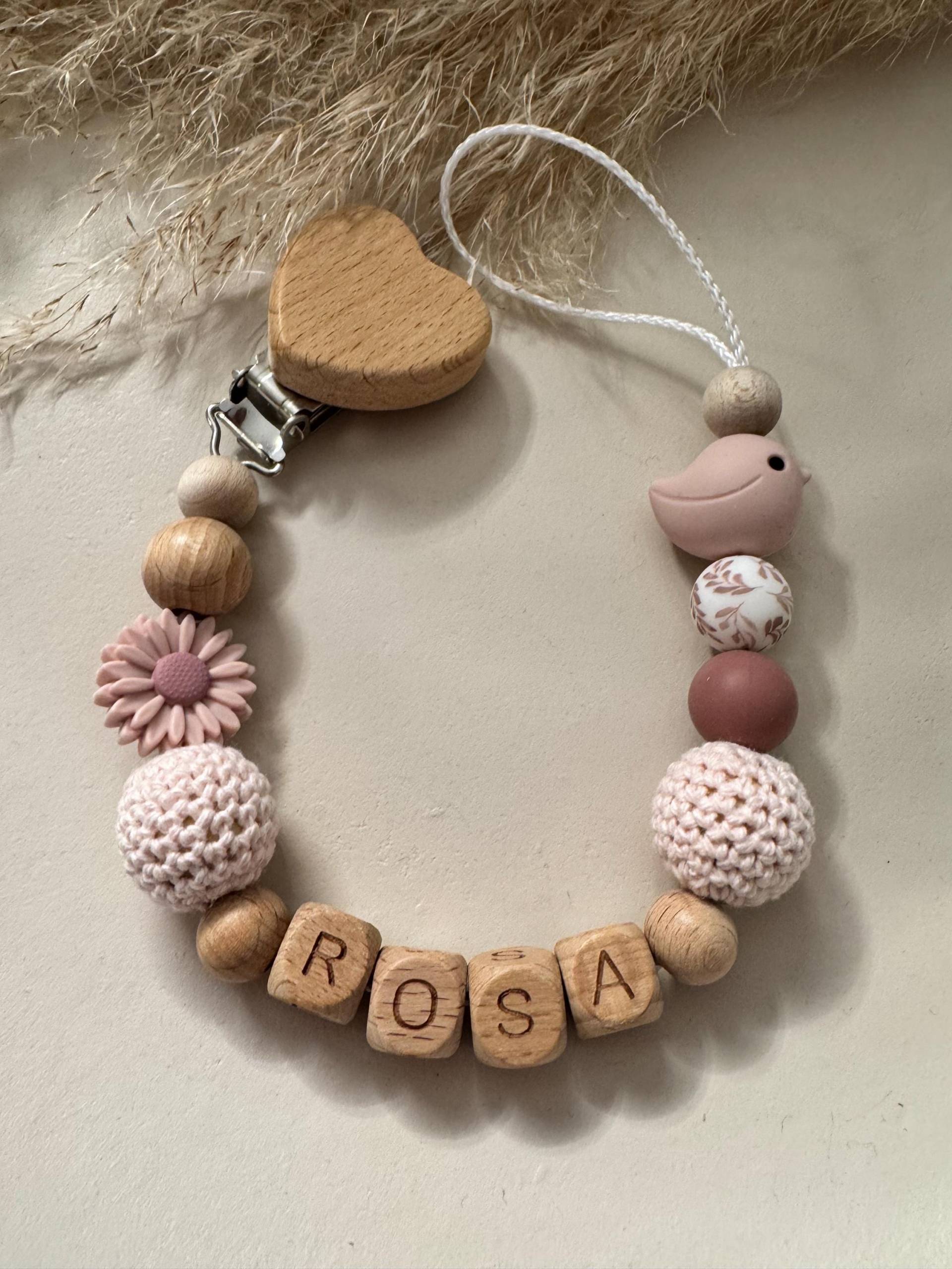 Schnullerkette Personalisiert Mit Namen, Vogel Und Blume in Rosa Als Geschenk Zur Geburt | Name Handgemacht von Etsy - prettylittleJeMa
